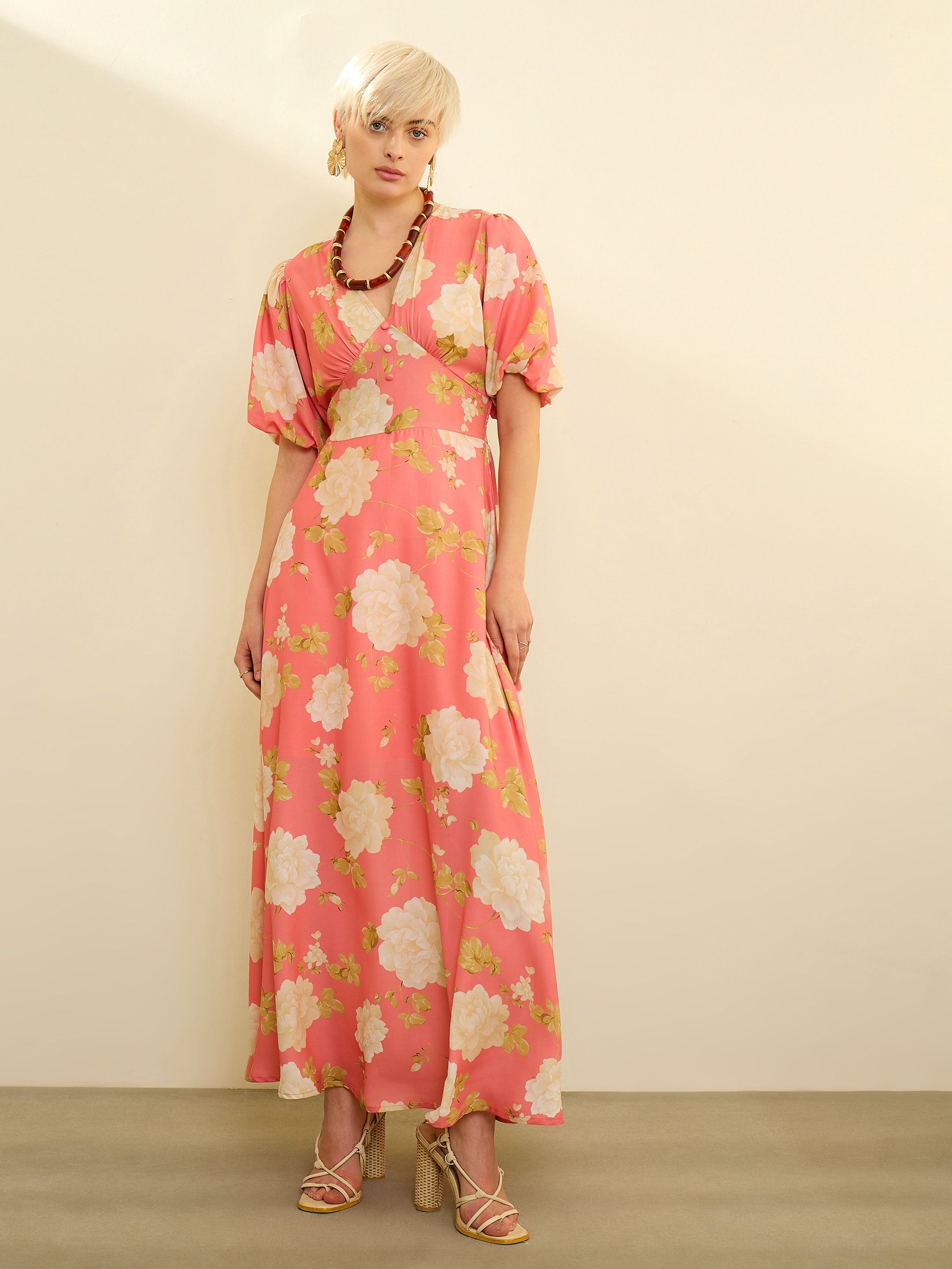 Pink Floral Balloon Sleeves Maxi Dress SASSAFRAS