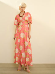 Pink Floral Balloon Sleeves Maxi Dress SASSAFRAS