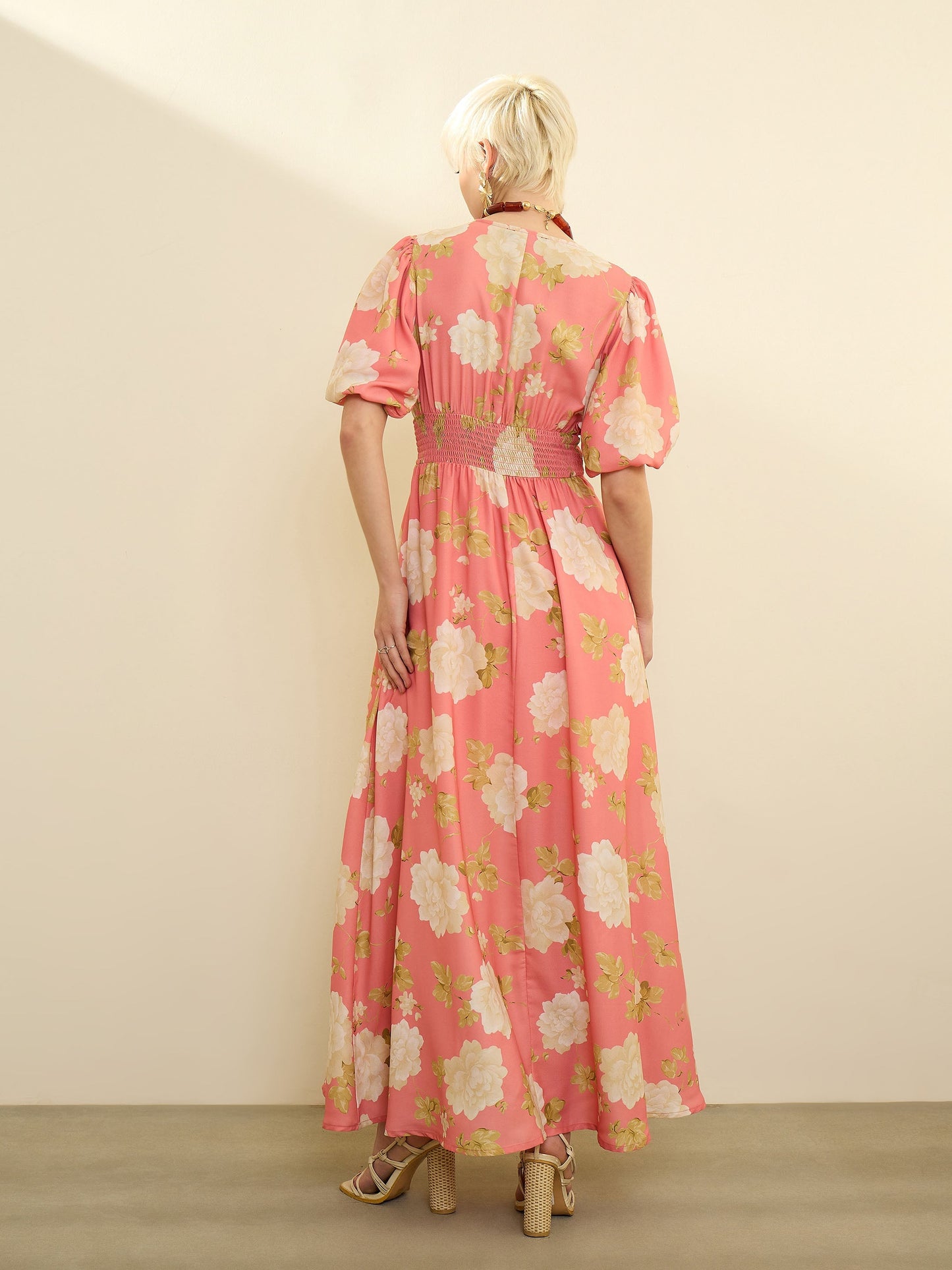 Pink Floral Balloon Sleeves Maxi Dress SASSAFRAS
