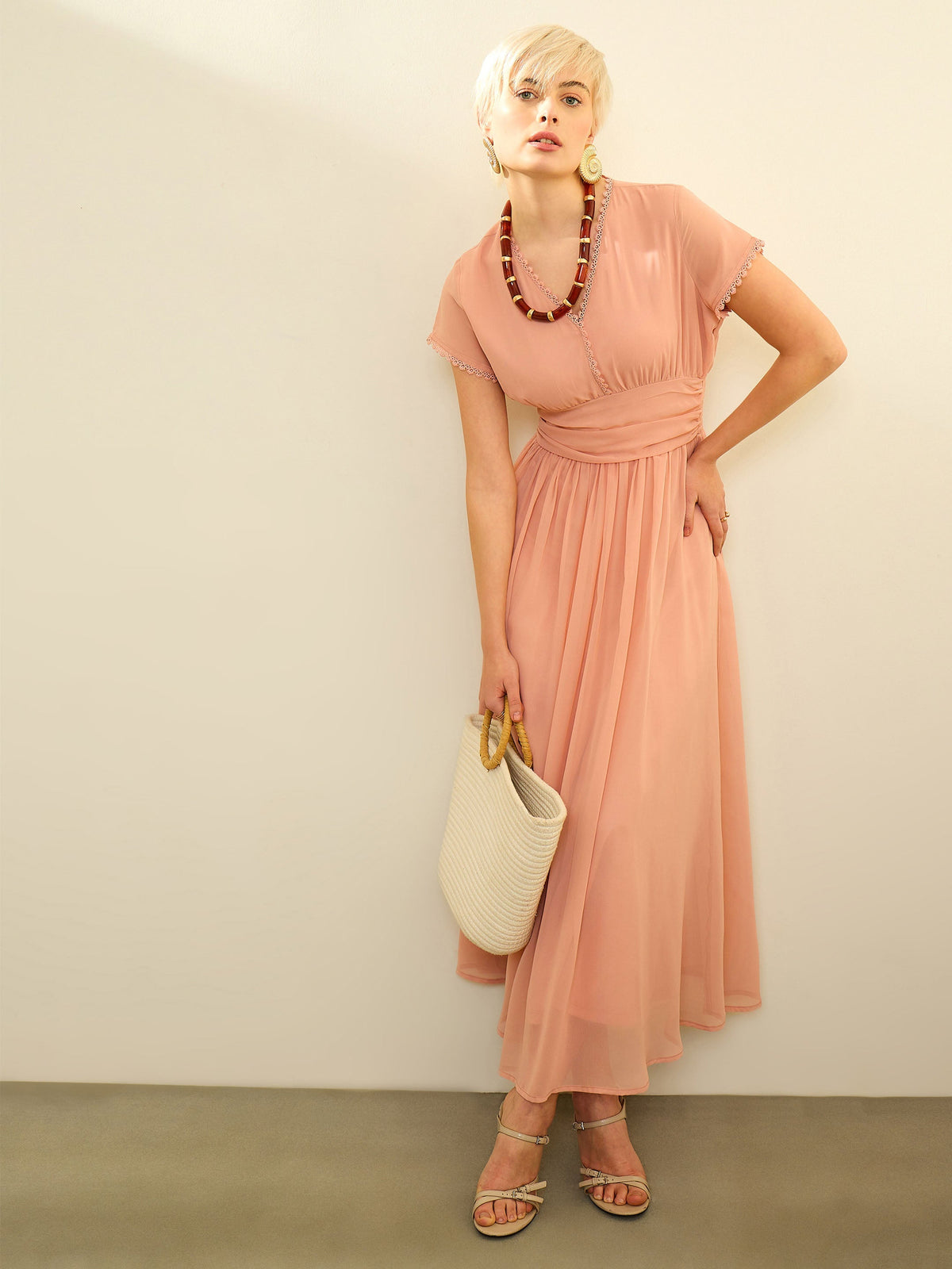 Pink Solid Cap Sleeves Maxi Dress SASSAFRAS