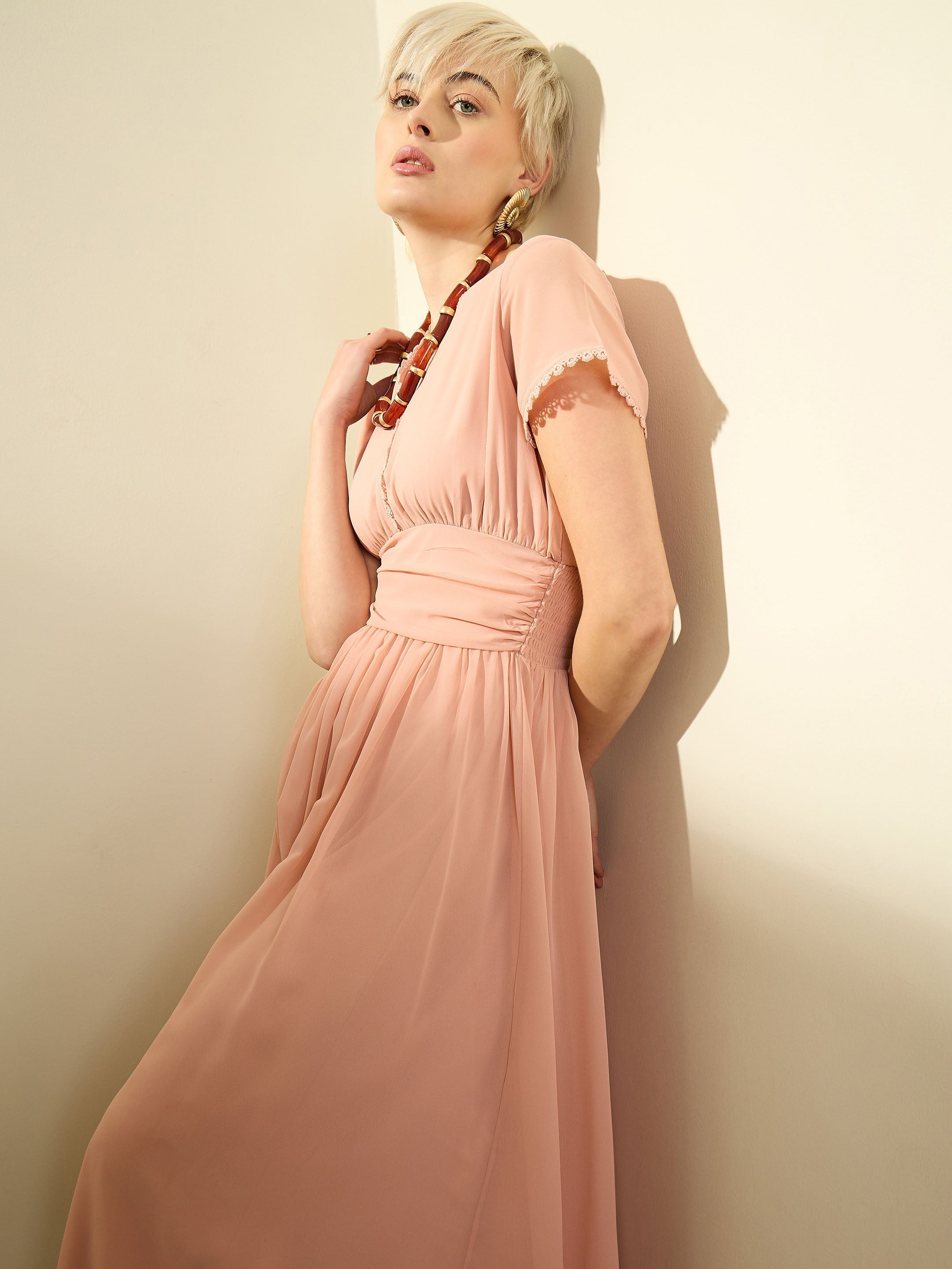 Pink Solid Cap Sleeves Maxi Dress SASSAFRAS