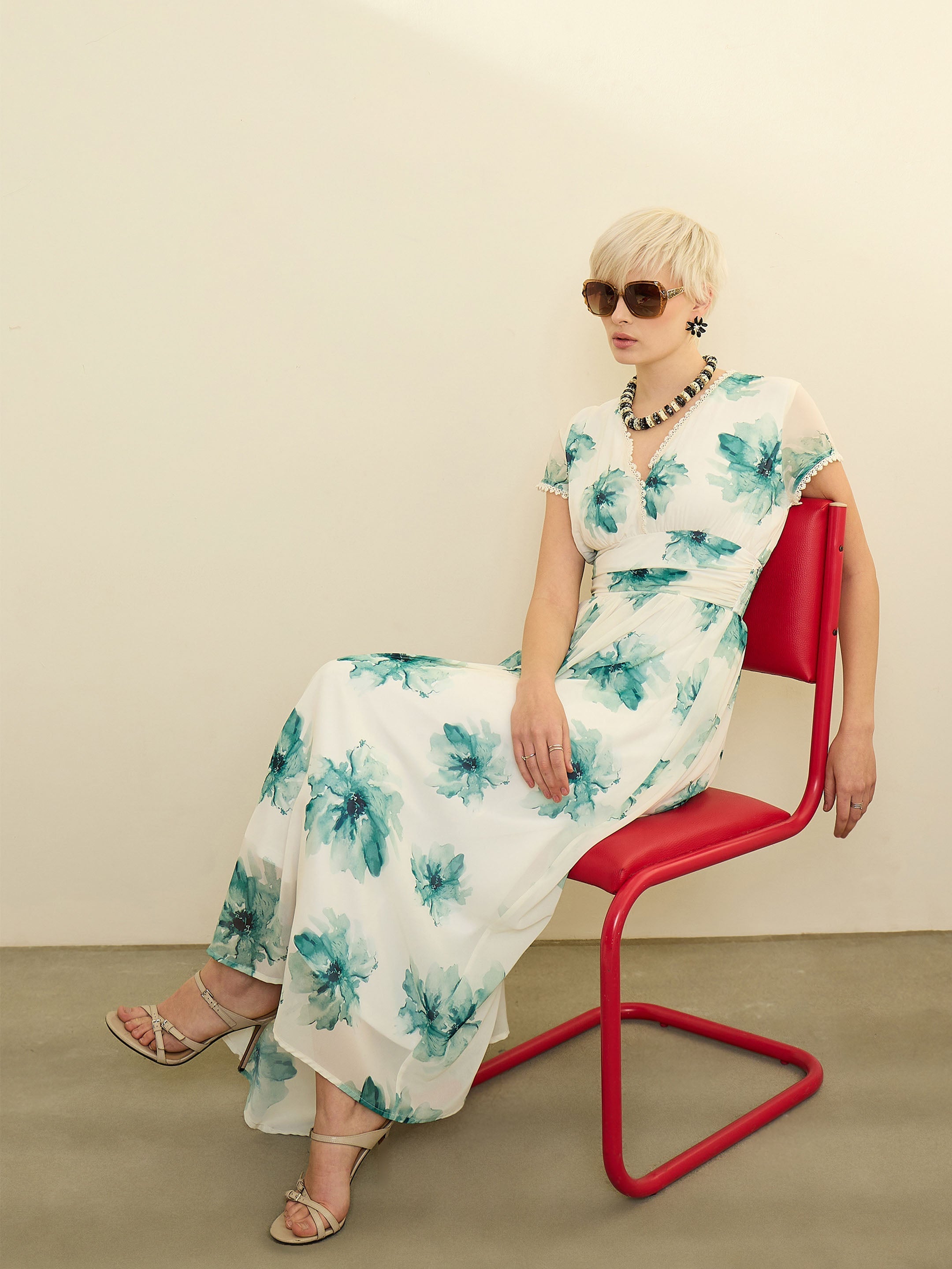 Off White Floral Cap Sleeves Maxi Dress SASSAFRAS