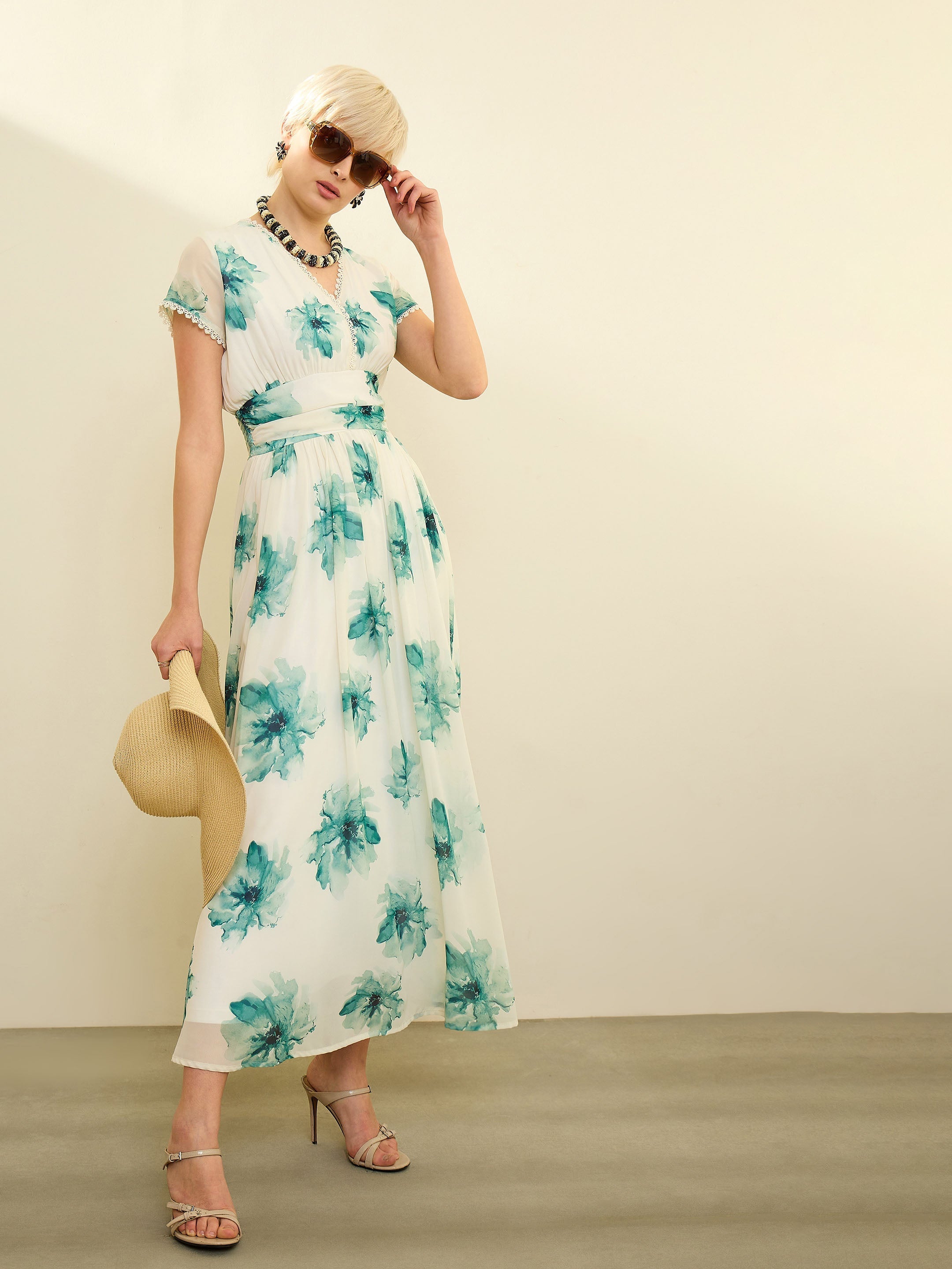 Off White Floral Cap Sleeves Maxi Dress SASSAFRAS