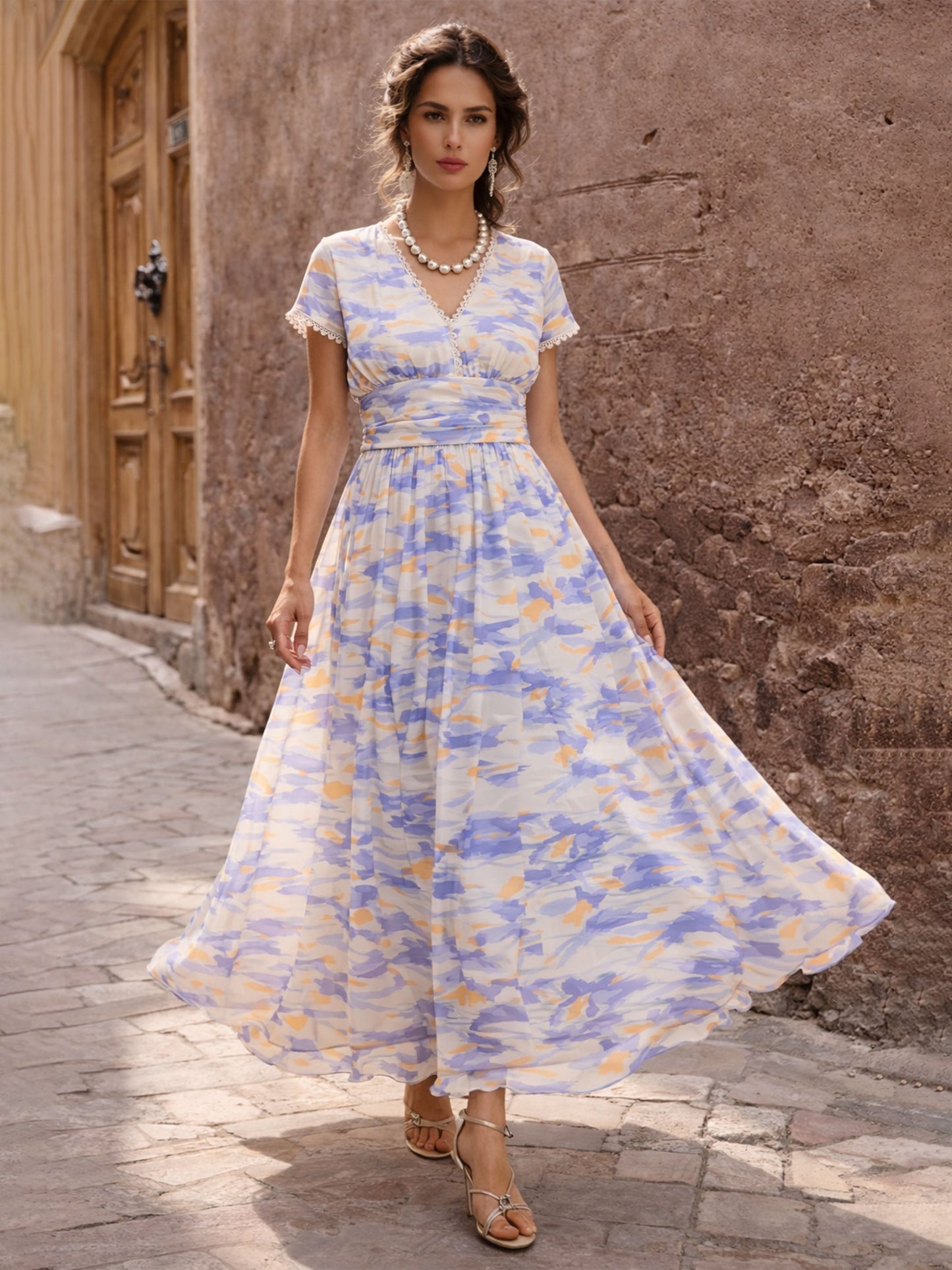 Lavender & Off White Aztec Print Cap Sleeves Maxi Dress SASSAFRAS