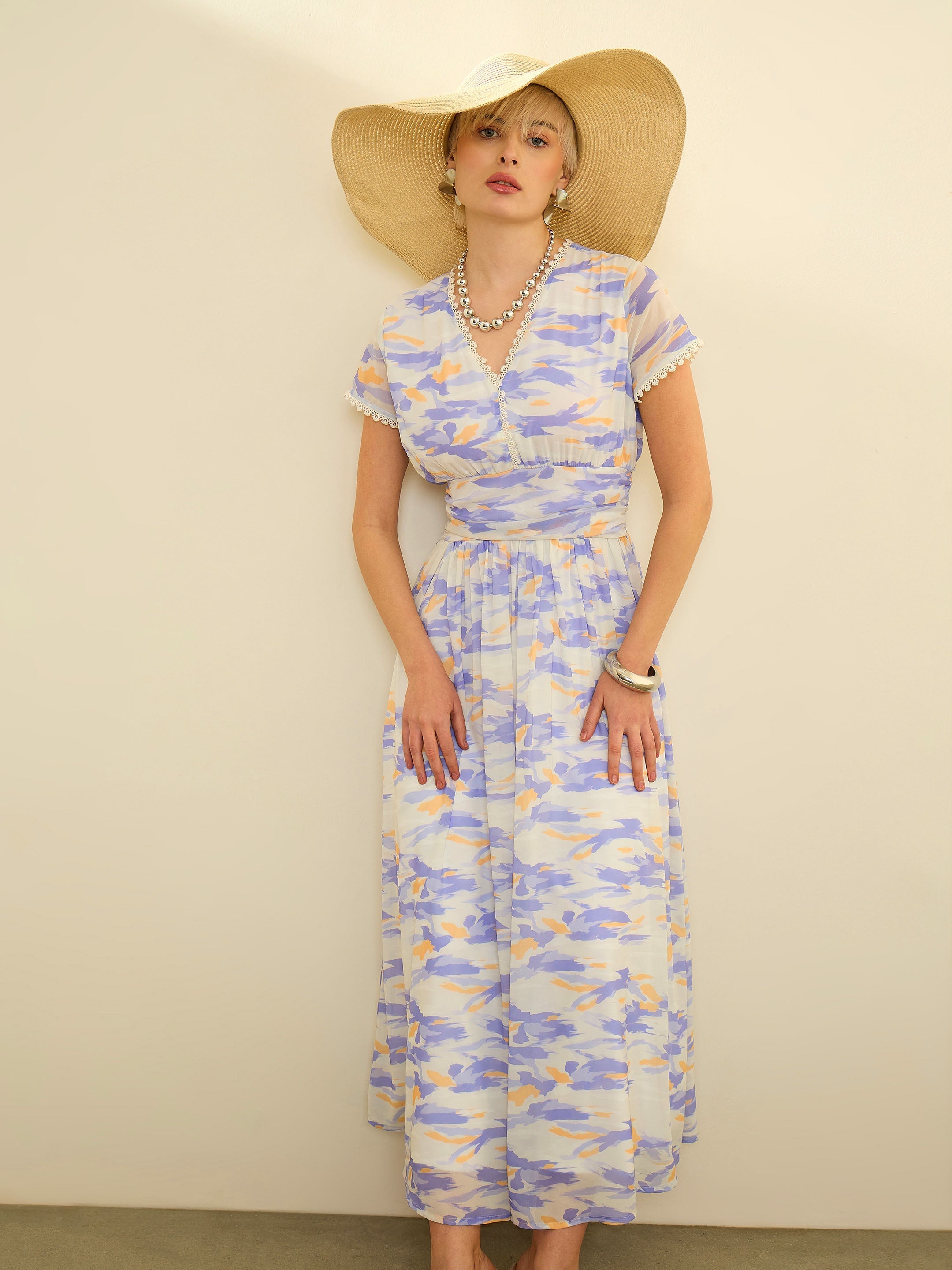 Lavender & Off White Aztec Print Cap Sleeves Maxi Dress SASSAFRAS