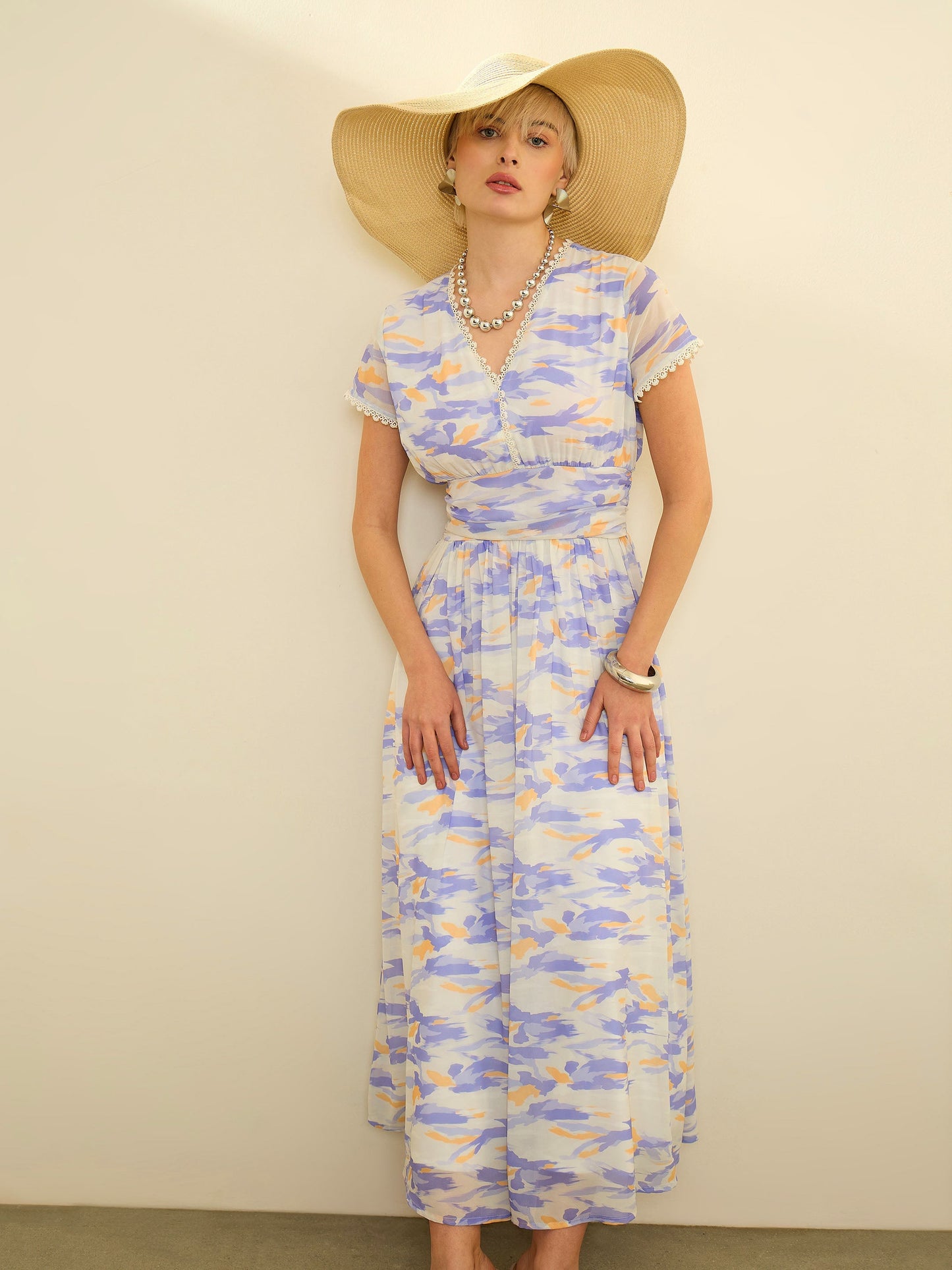 Lavender & Off White Aztec Print Cap Sleeves Maxi Dress SASSAFRAS