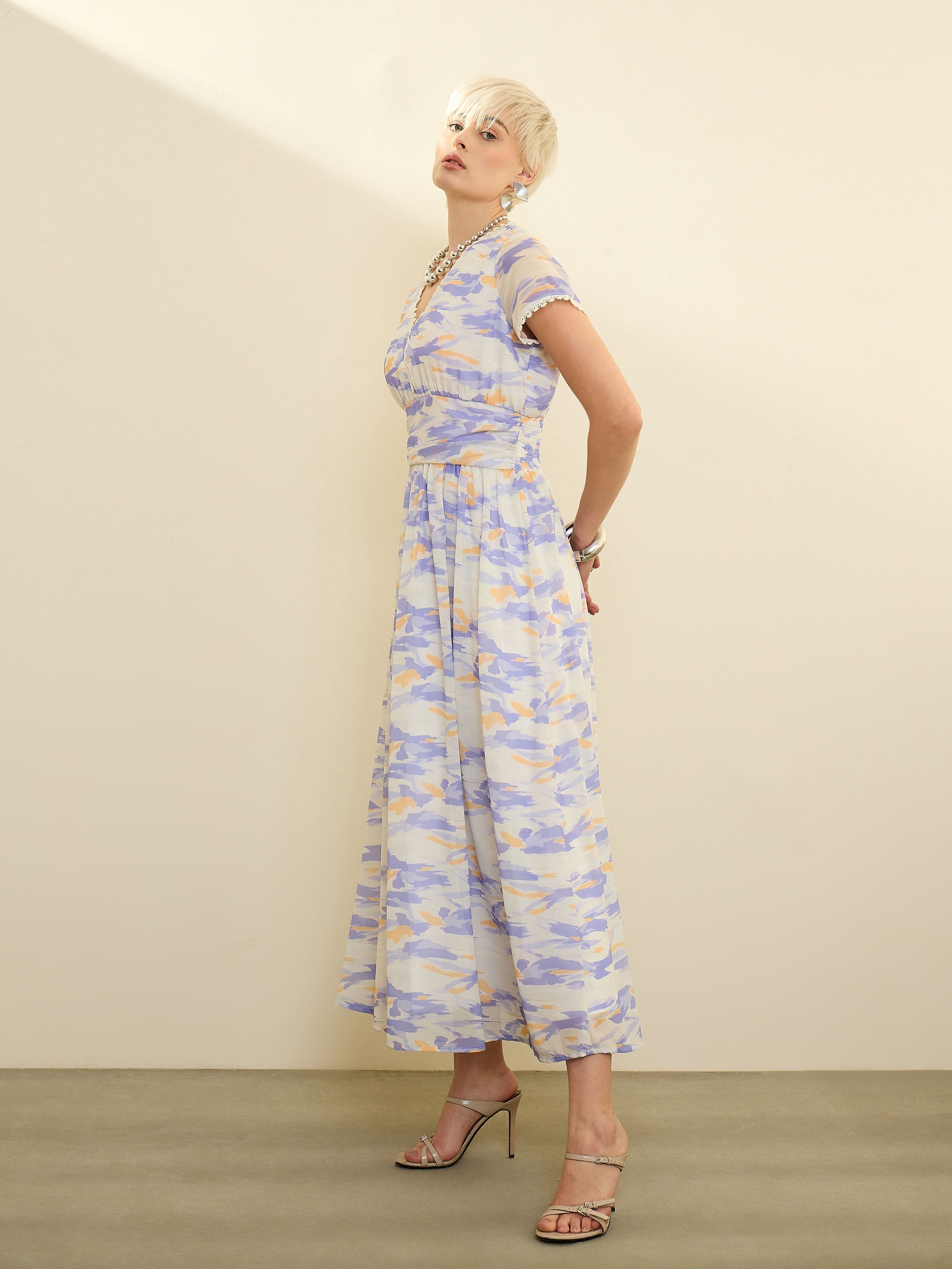 Lavender & Off White Aztec Print Cap Sleeves Maxi Dress SASSAFRAS