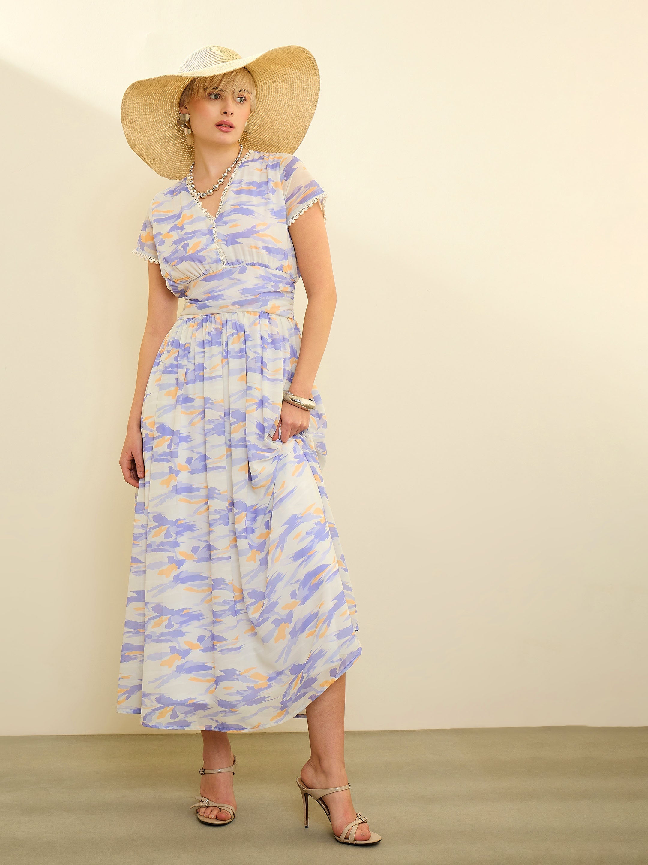 Lavender & Off White Aztec Print Cap Sleeves Maxi Dress SASSAFRAS