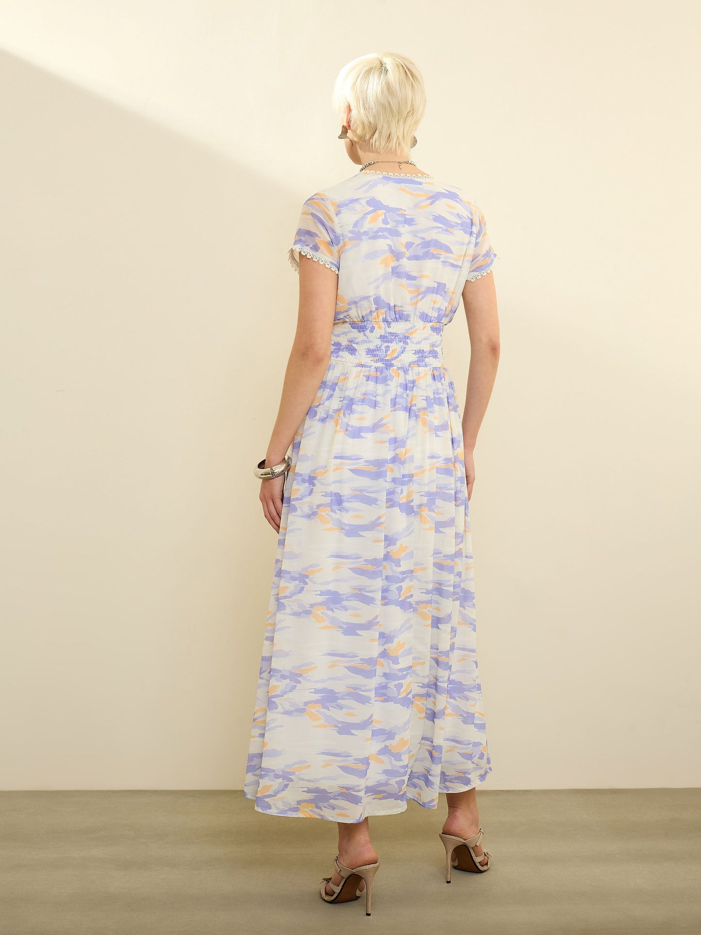 Lavender & Off White Aztec Print Cap Sleeves Maxi Dress SASSAFRAS