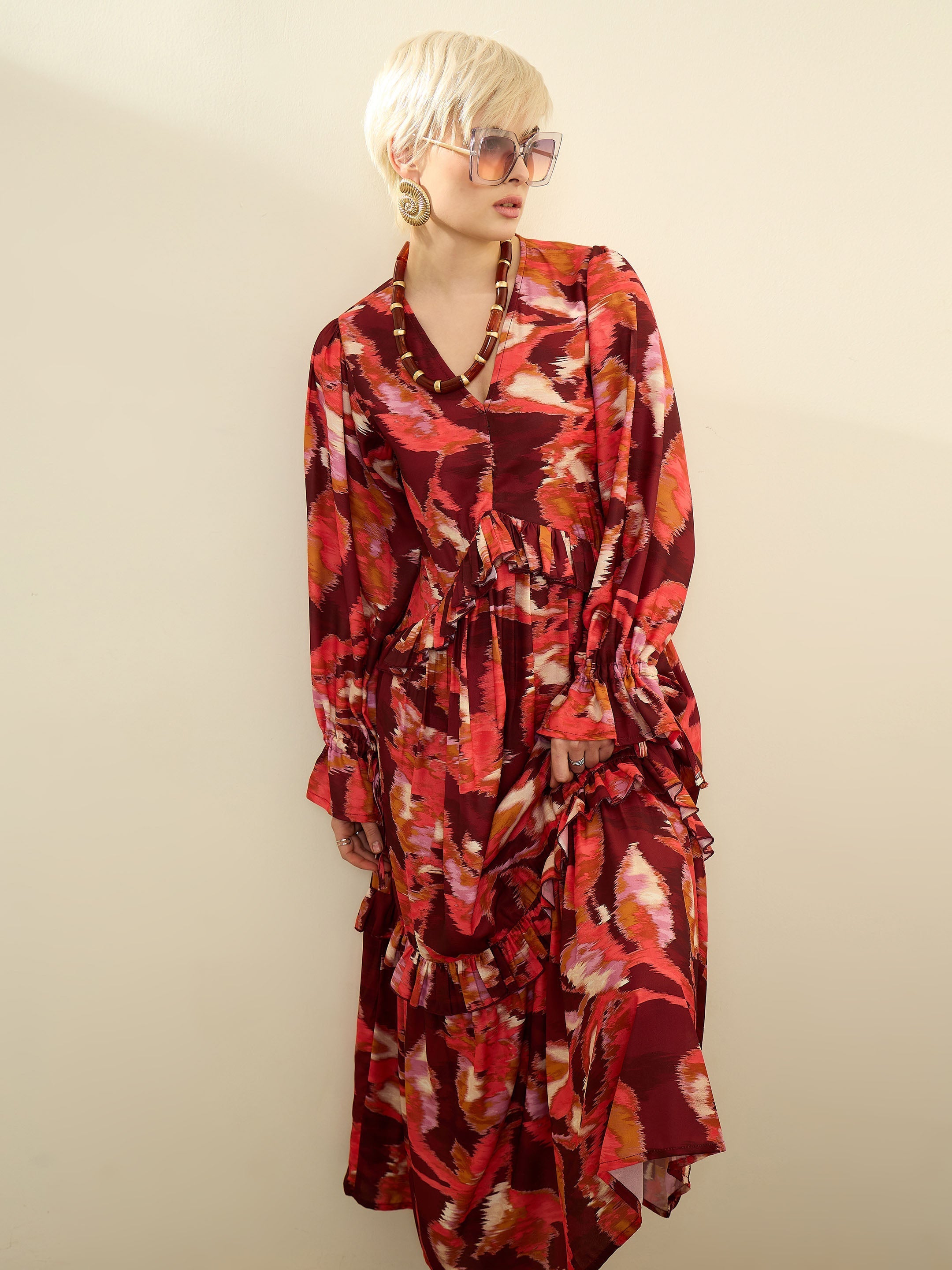 Maroon Ikat Print Front Ruffle Maxi Dress SASSAFRAS