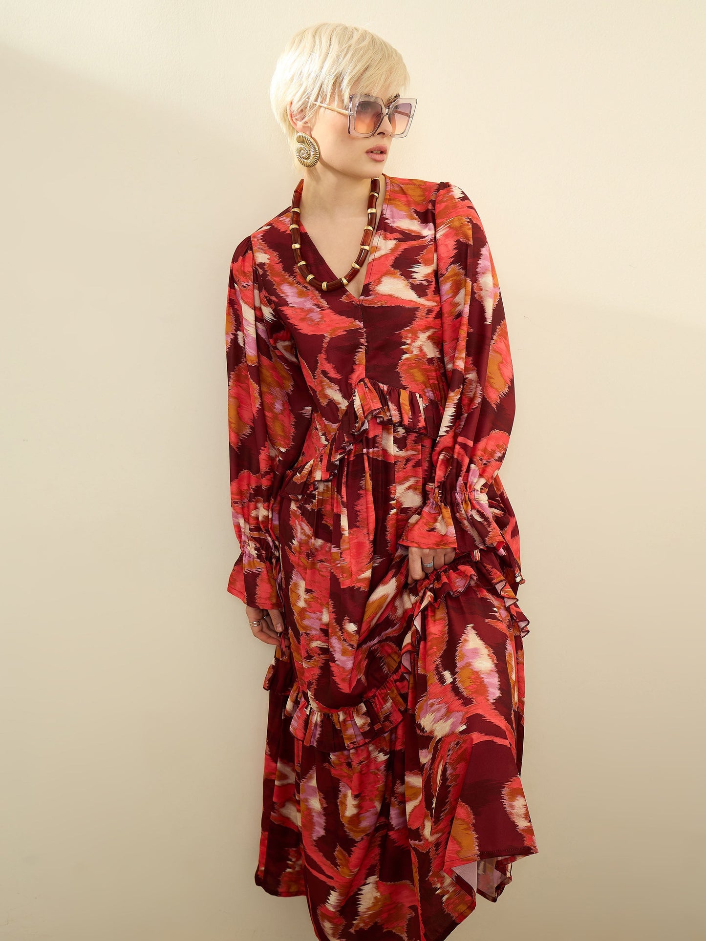 Maroon Ikat Print Front Ruffle Maxi Dress SASSAFRAS