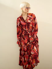 Maroon Ikat Print Front Ruffle Maxi Dress SASSAFRAS