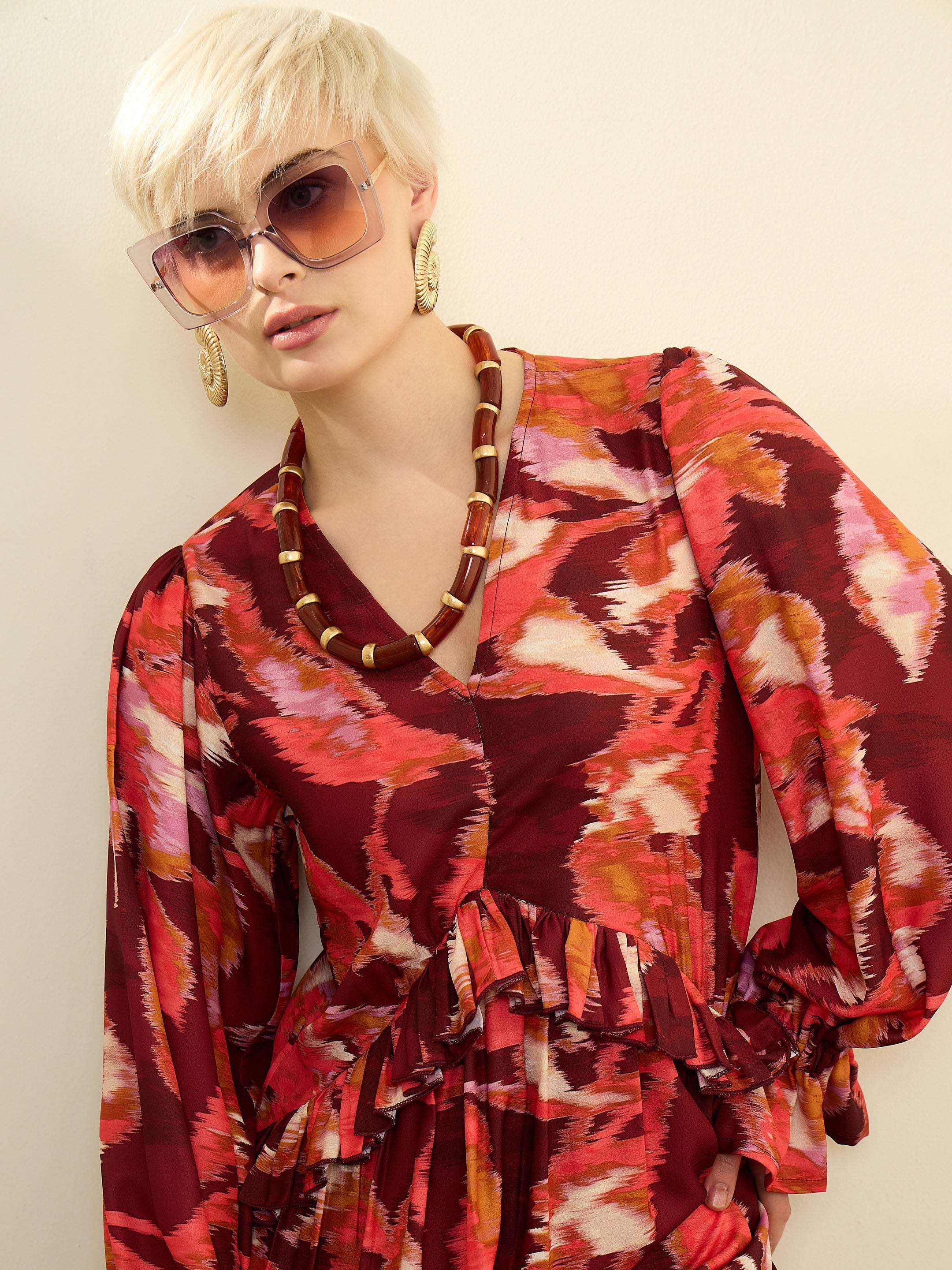 Maroon Ikat Print Front Ruffle Maxi Dress SASSAFRAS