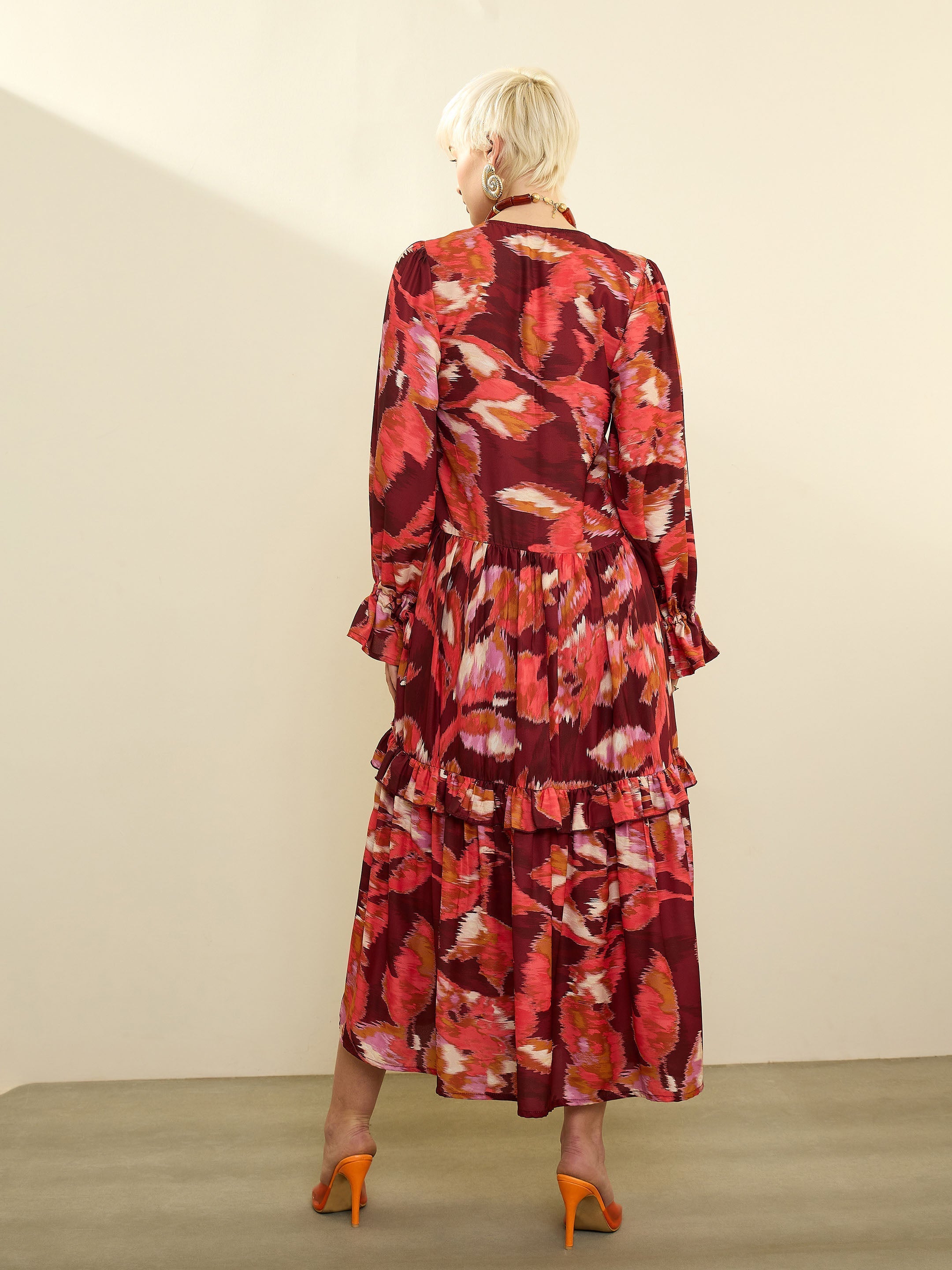 Maroon Ikat Print Front Ruffle Maxi Dress SASSAFRAS