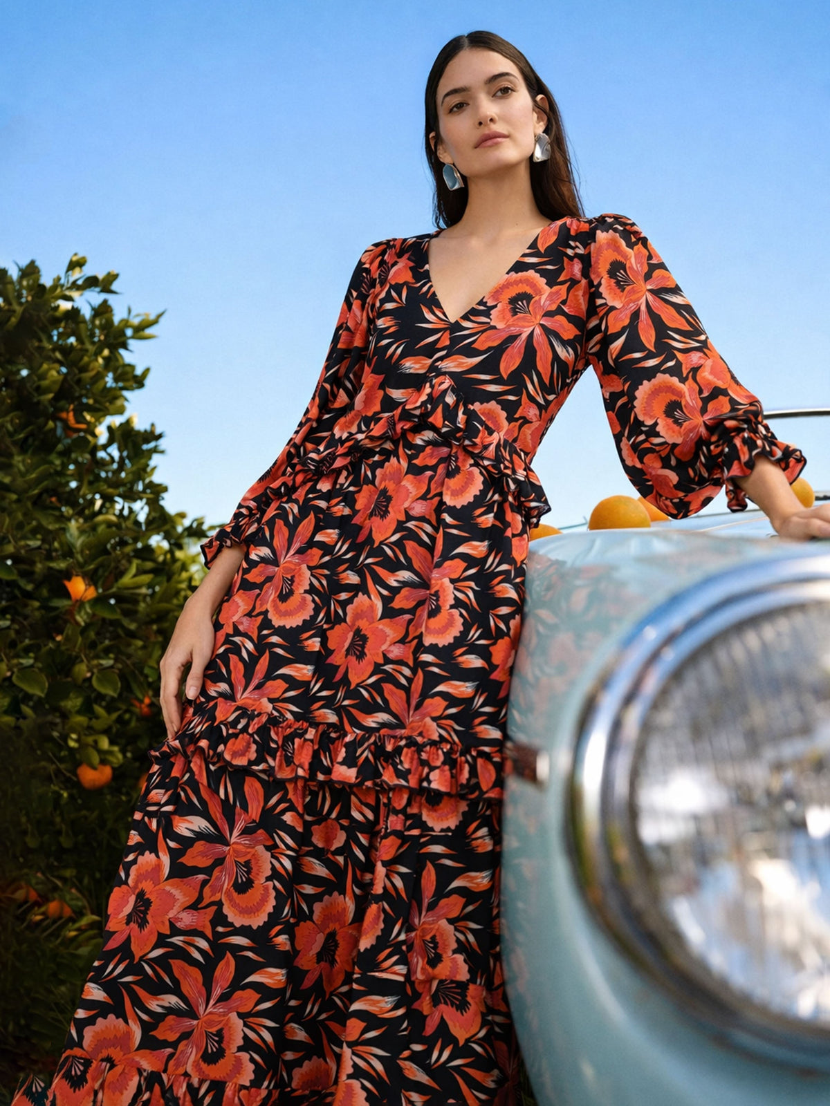 Black Floral Front Ruffle Maxi Dress SASSAFRAS