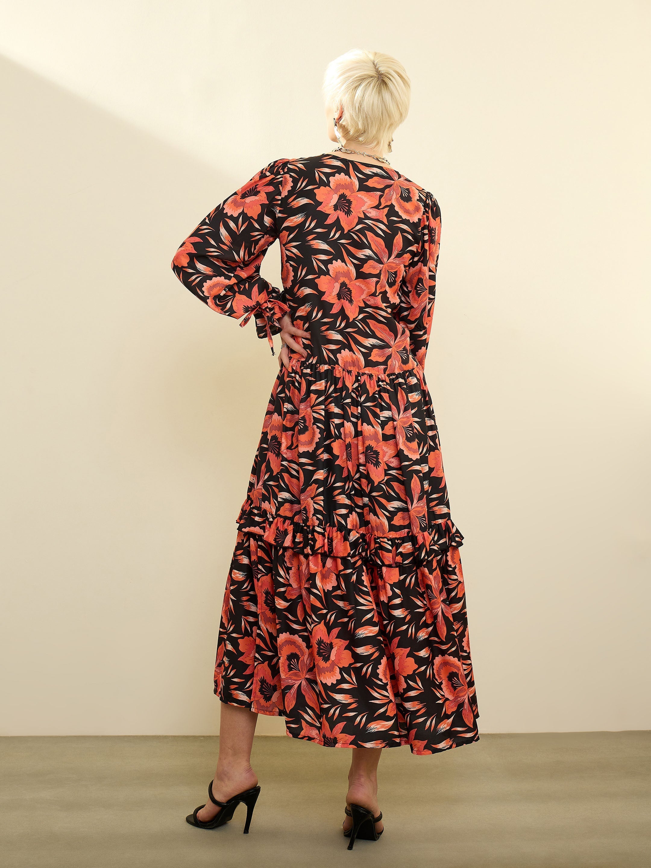 Black Floral Front Ruffle Maxi Dress SASSAFRAS