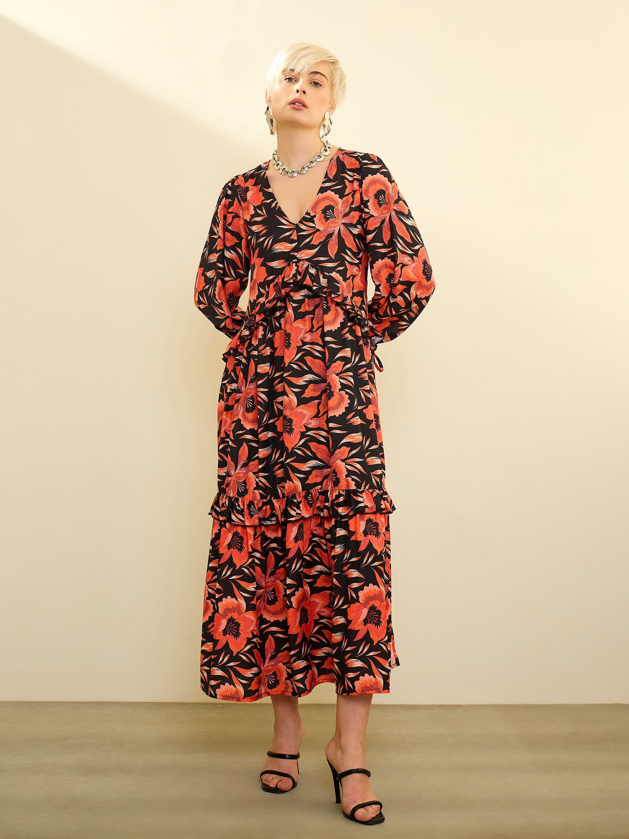 Black Floral Front Ruffle Maxi Dress SASSAFRAS
