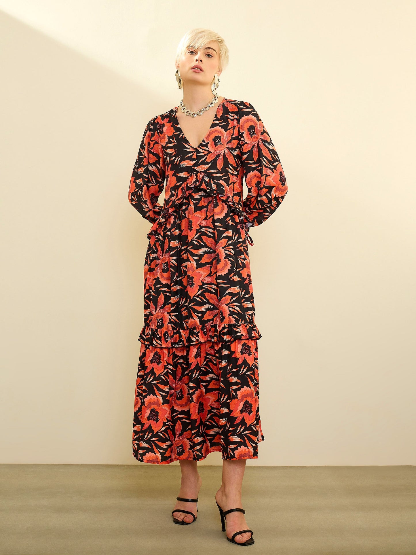 Black Floral Front Ruffle Maxi Dress SASSAFRAS