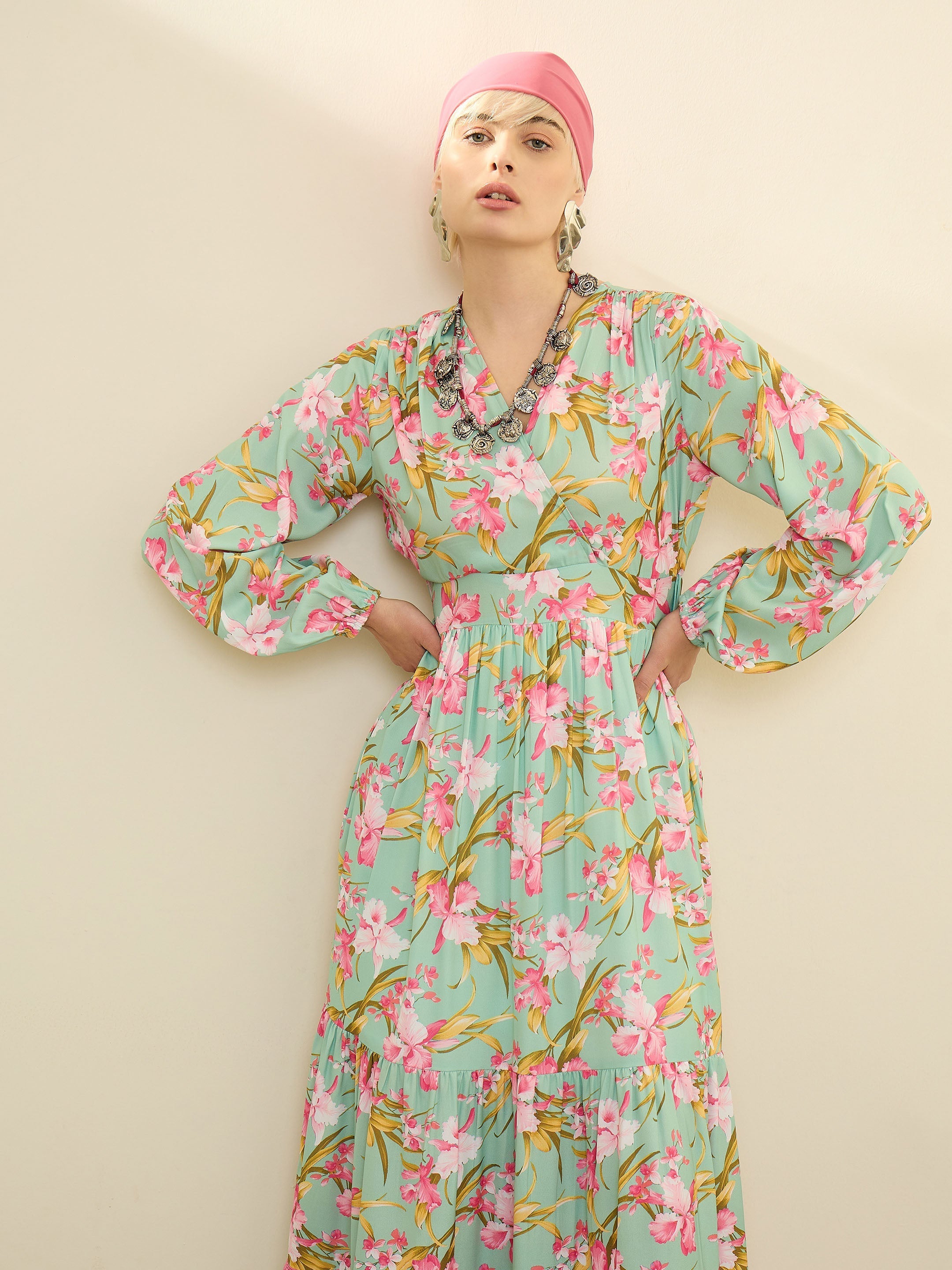 Sea Green & Pink Floral Wrap Neck Maxi Dress SASSAFRAS