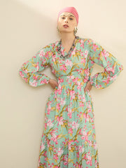 Sea Green & Pink Floral Wrap Neck Maxi Dress SASSAFRAS