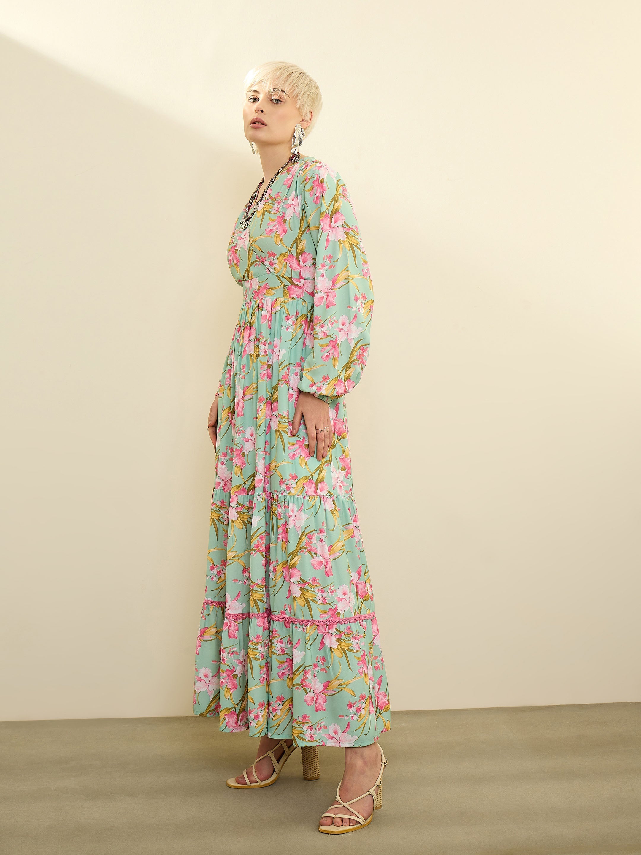 Sea Green & Pink Floral Wrap Neck Maxi Dress SASSAFRAS