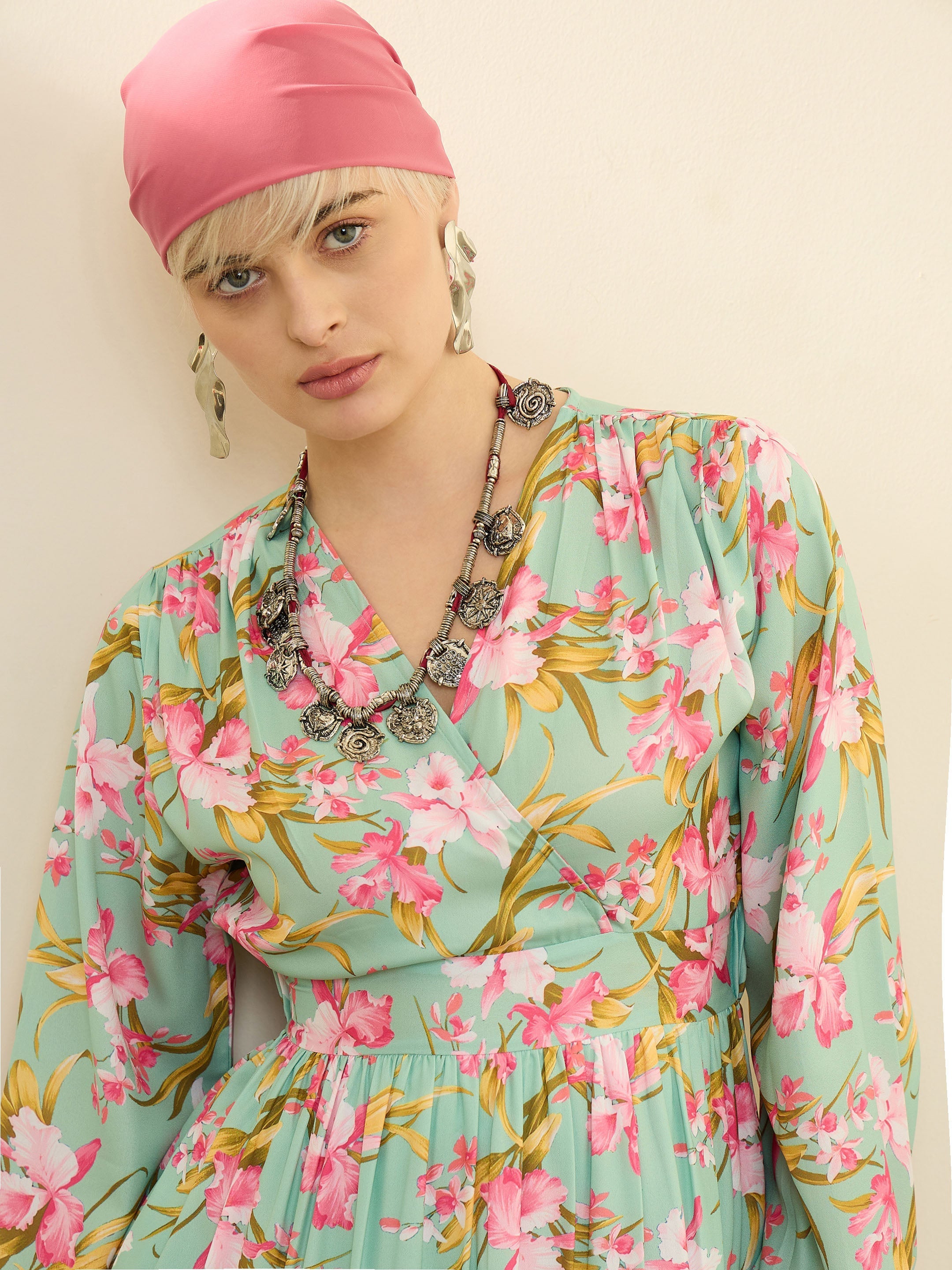 Sea Green & Pink Floral Wrap Neck Maxi Dress SASSAFRAS
