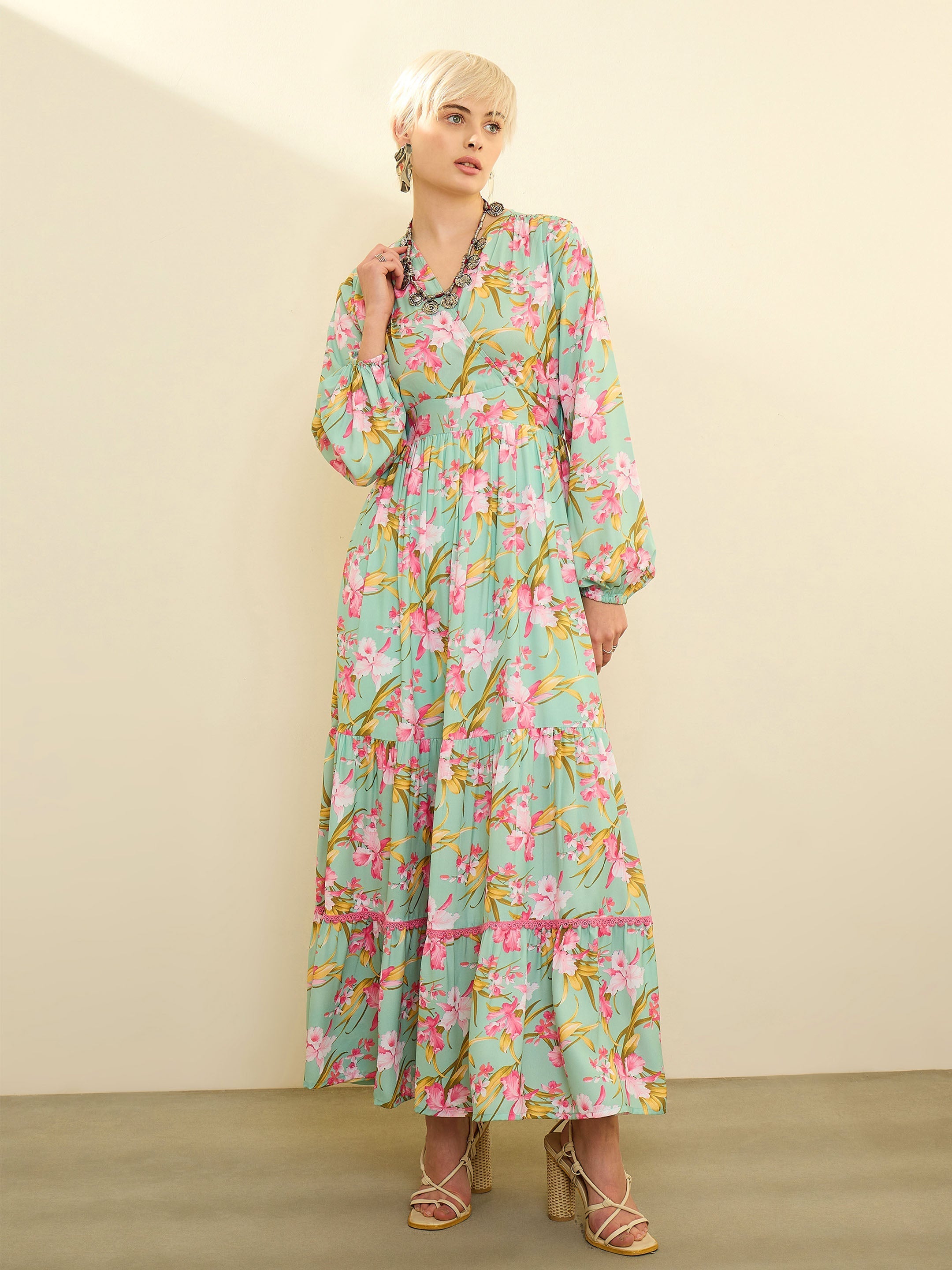 Sea Green & Pink Floral Wrap Neck Maxi Dress SASSAFRAS