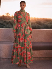 Olive & Red Floral Wrap Neck Maxi Dress SASSAFRAS