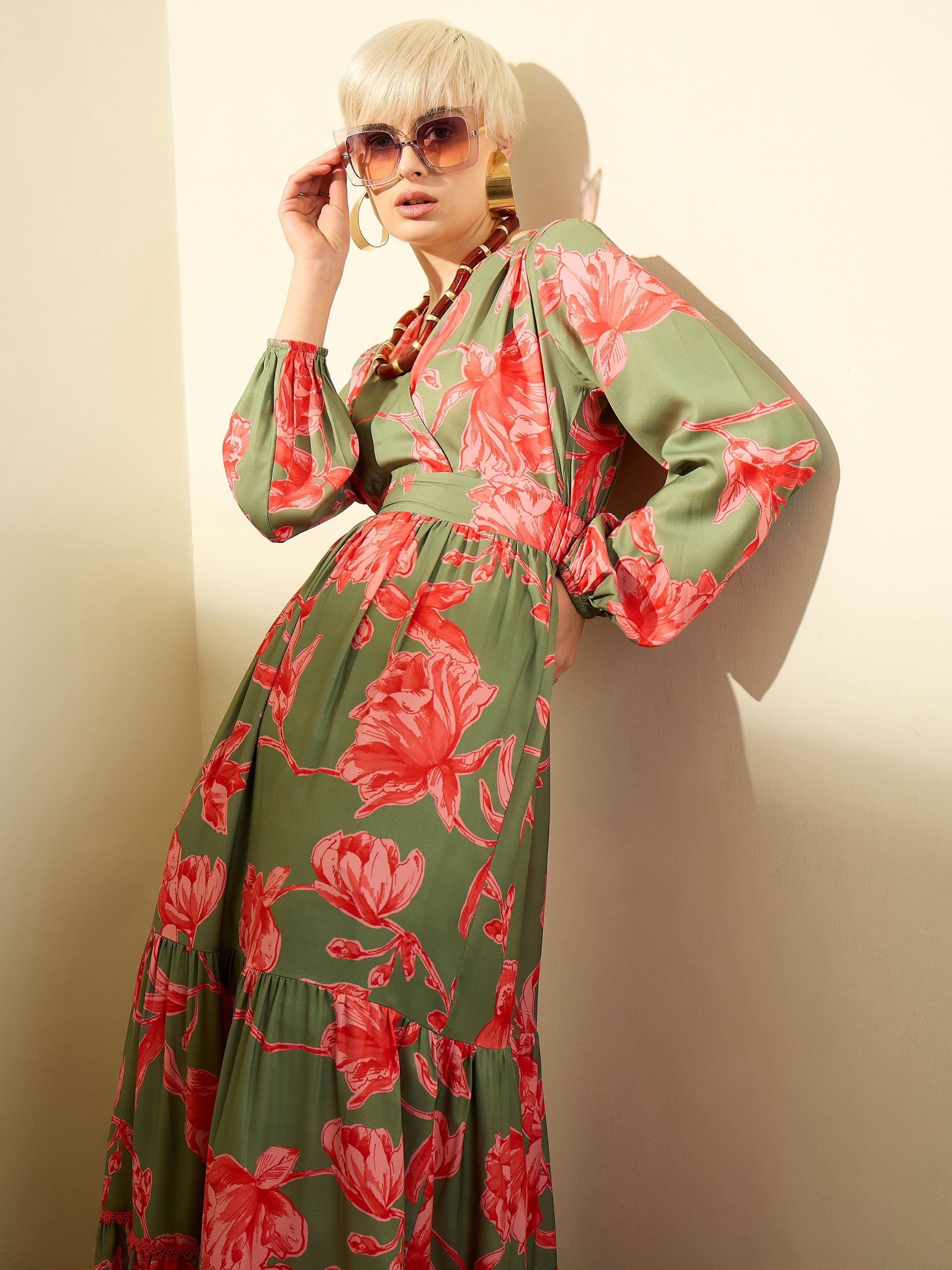 Olive & Red Floral Wrap Neck Maxi Dress SASSAFRAS