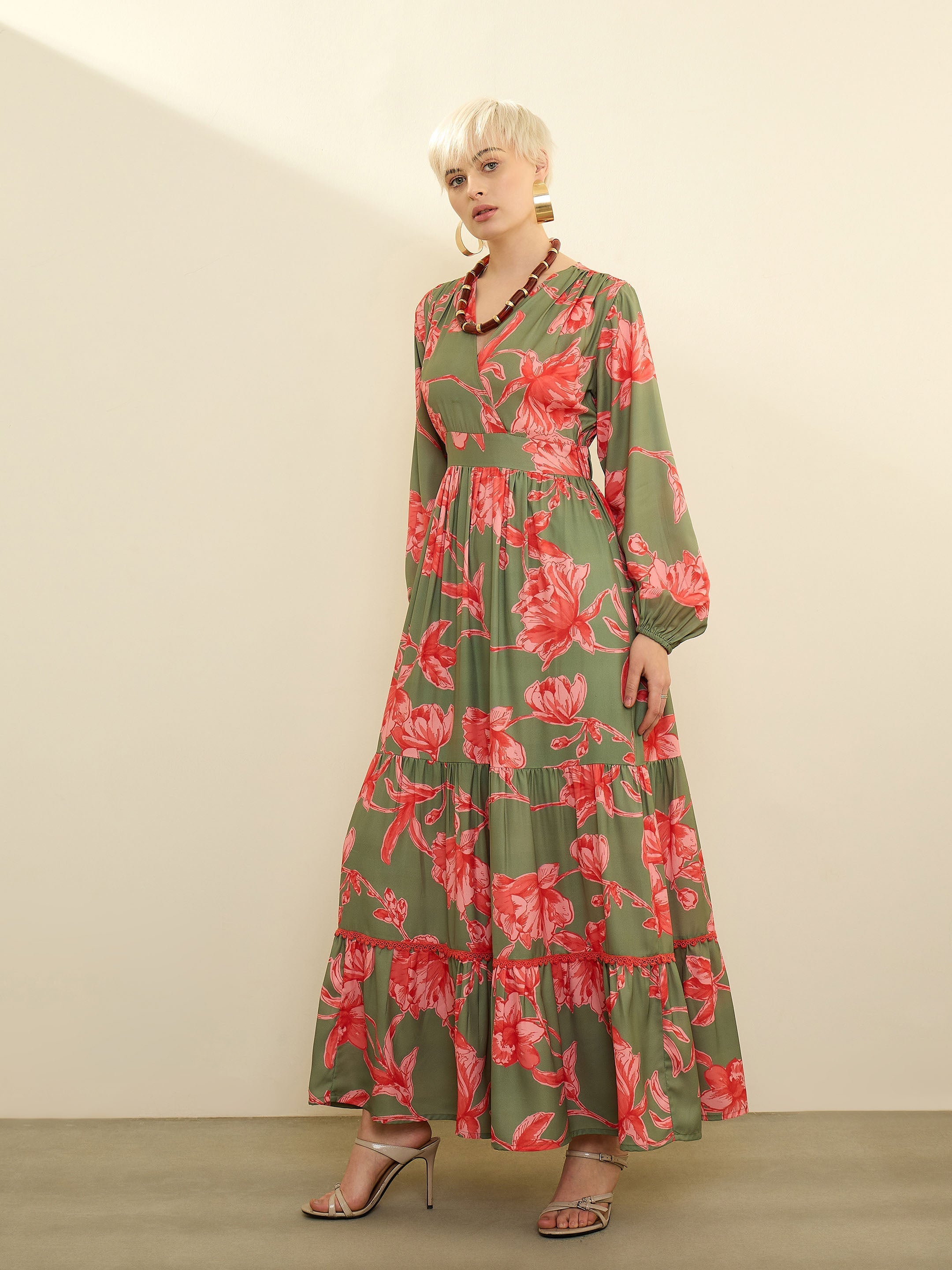 Olive & Red Floral Wrap Neck Maxi Dress SASSAFRAS