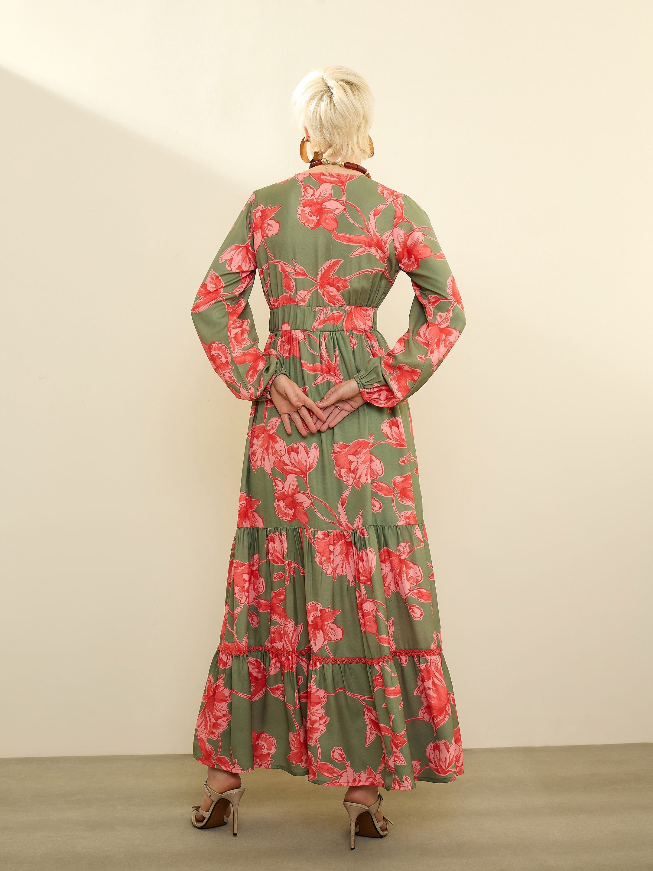 Olive & Red Floral Wrap Neck Maxi Dress SASSAFRAS