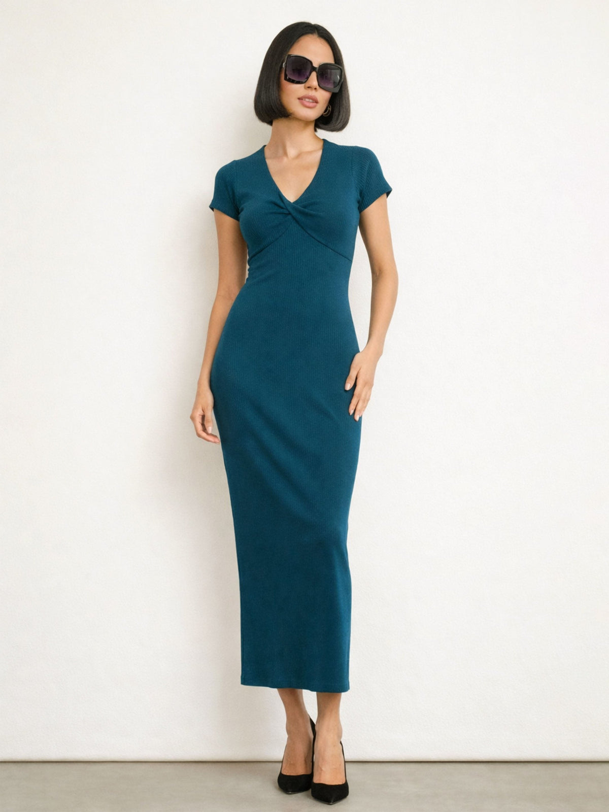 Teal Rib Front Twisted Midi Dress SASSAFRAS