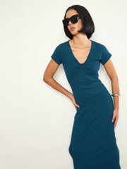 Teal Rib Front Twisted Midi Dress SASSAFRAS