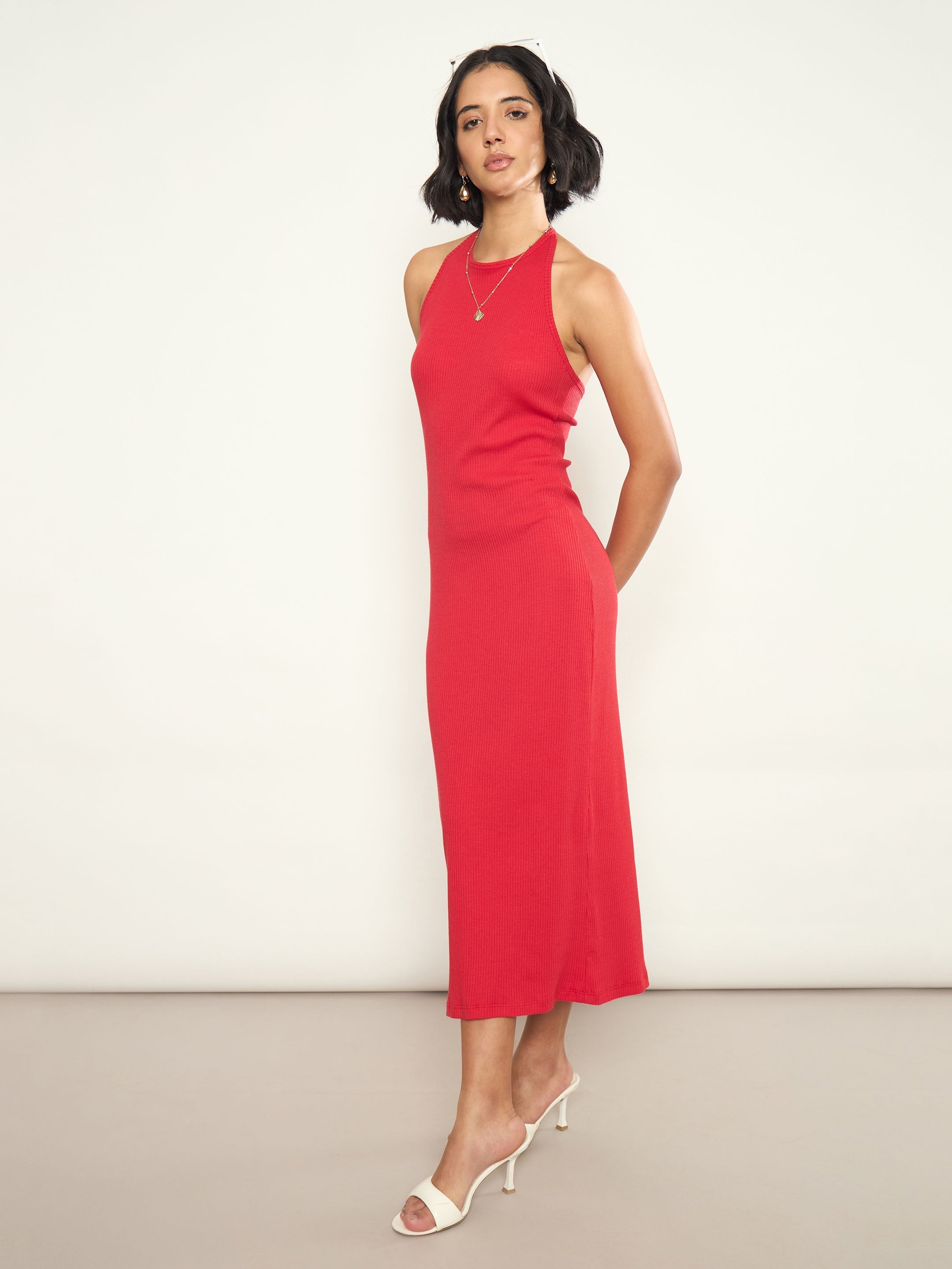 Red Rib Halter Neck Bodycon Midi Dress SASSAFRAS 