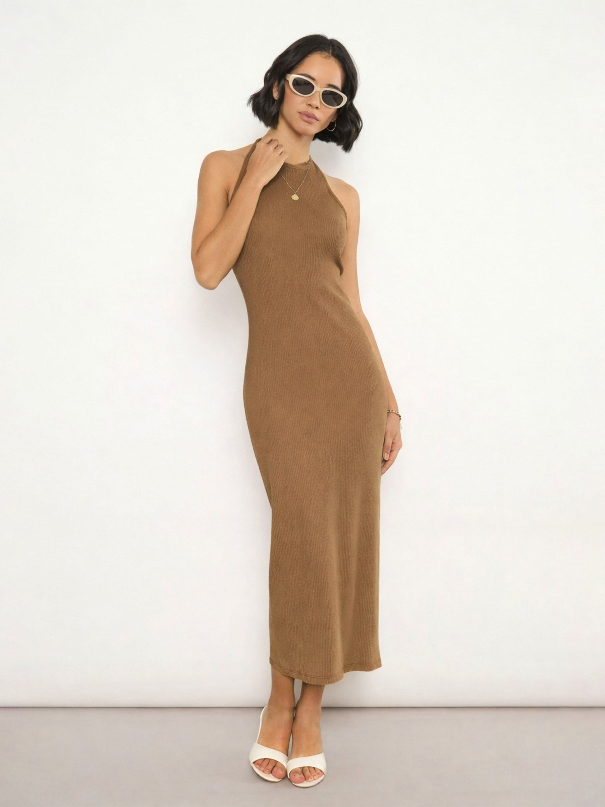 Women Tan Rib Halter Neck Bodycon Midi Dress 10