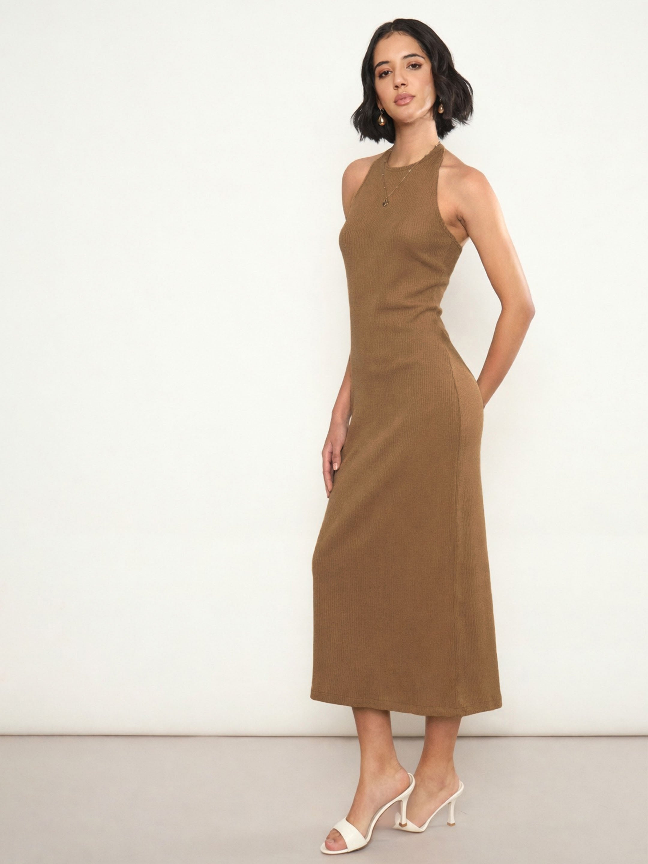 Women Tan Rib Halter Neck Bodycon Midi Dress 10