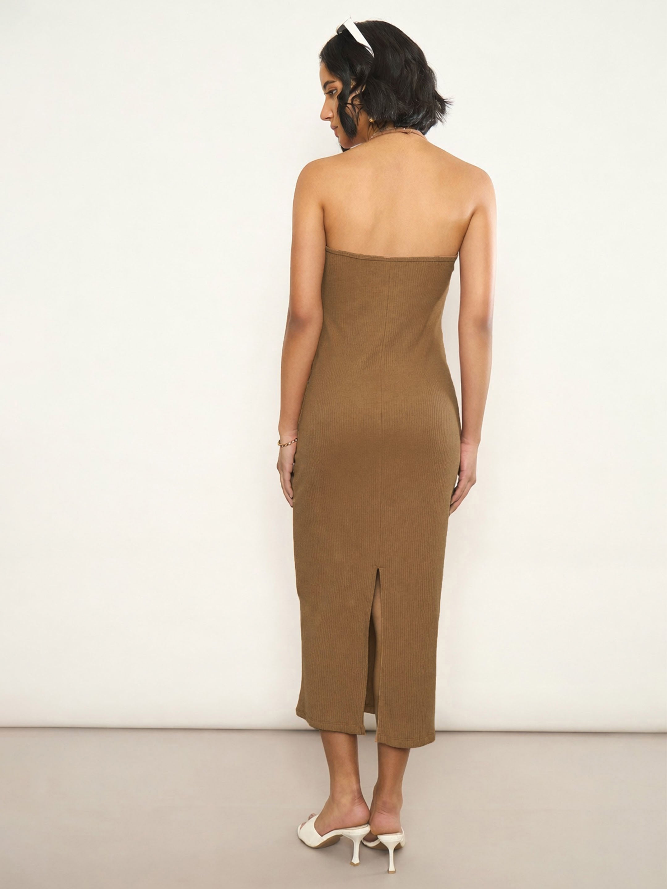 Women Tan Rib Halter Neck Bodycon Midi Dress 10
