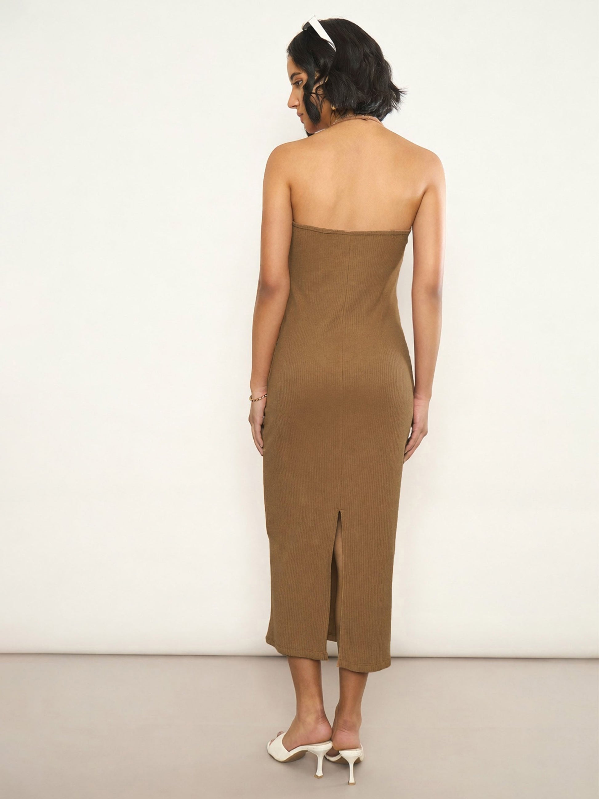 Women Tan Rib Halter Neck Bodycon Midi Dress 10