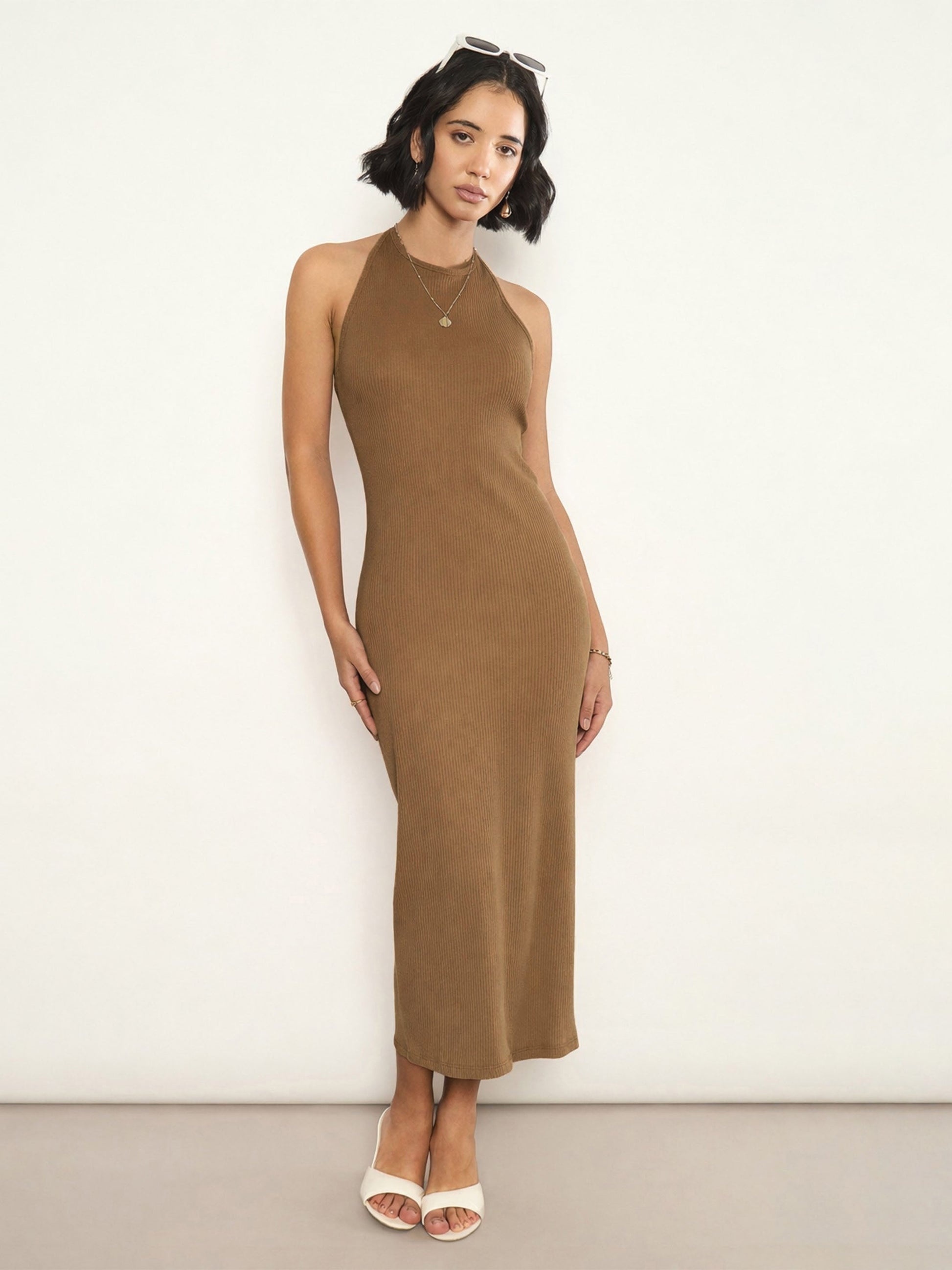 Women Tan Rib Halter Neck Bodycon Midi Dress 10