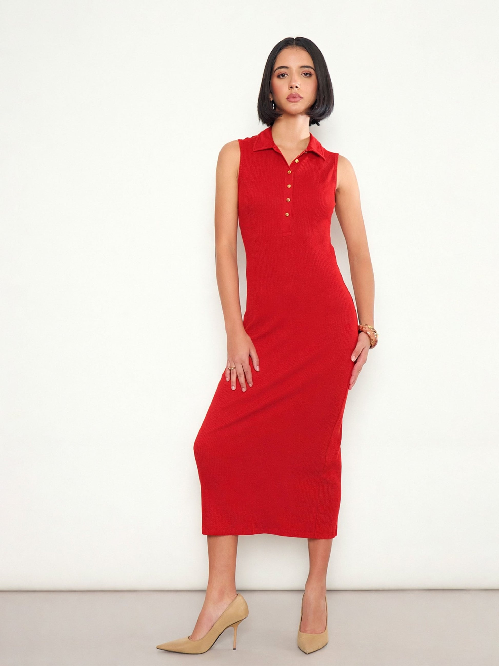 Red Rib Sleeveless Polo Collar Neck Midi Dress SASSAFRAS 