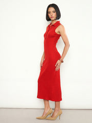 Red Rib Sleeveless Polo Collar Neck Midi Dress SASSAFRAS 