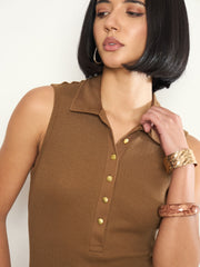 Tan Rib Sleeveless Polo Collar Neck Midi Dress SASSAFRAS 