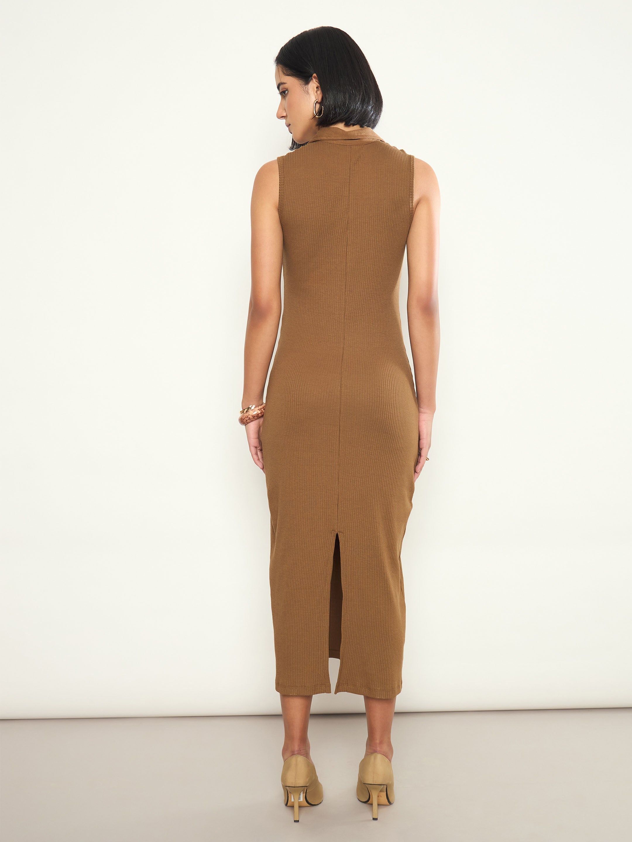 Tan Rib Sleeveless Polo Collar Neck Midi Dress SASSAFRAS 