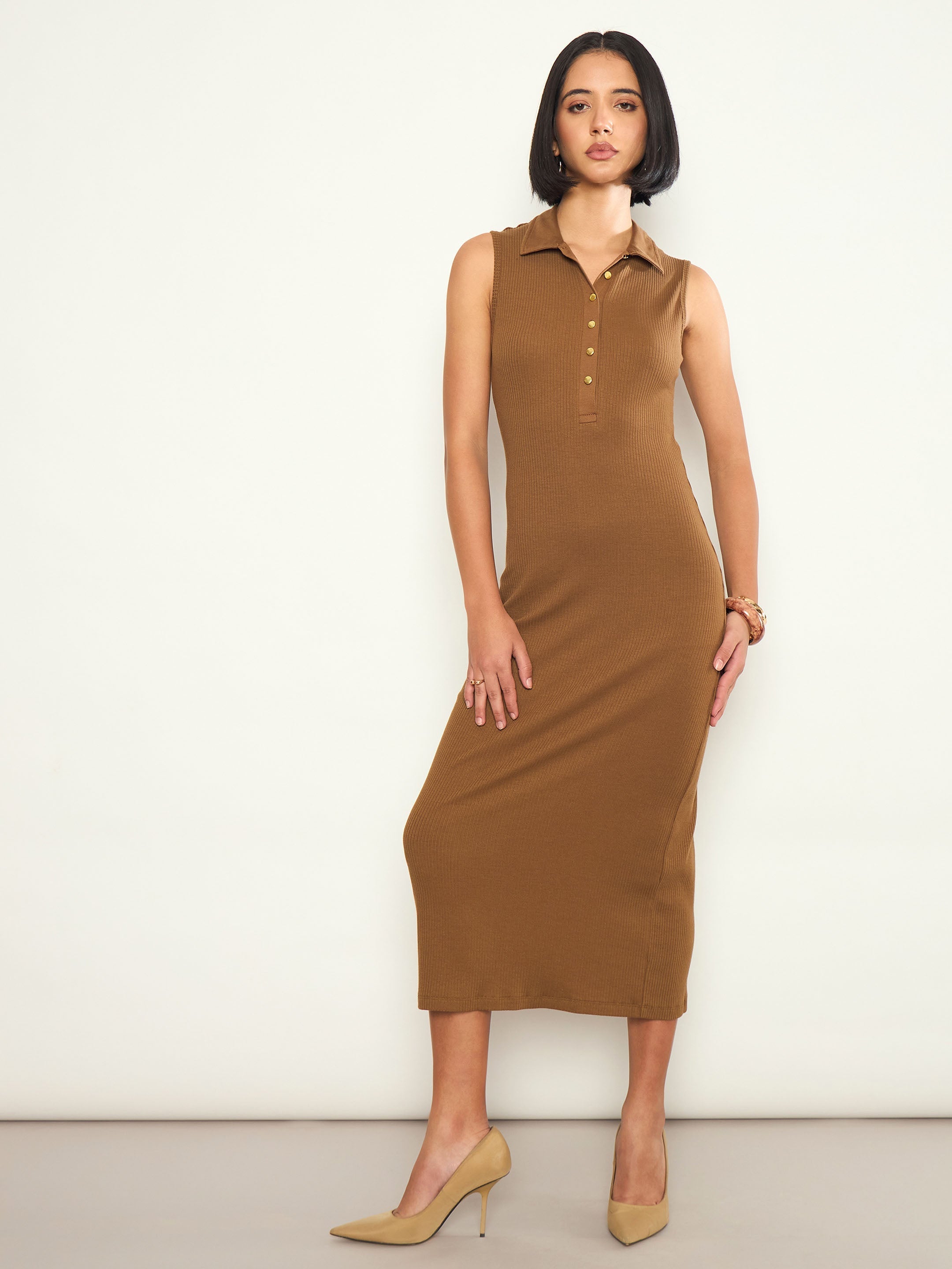 Tan Rib Sleeveless Polo Collar Neck Midi Dress SASSAFRAS 