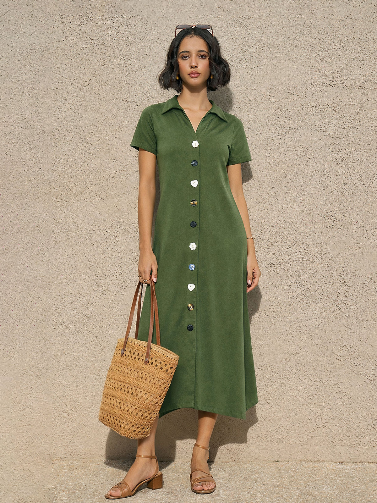 Olive Multi Design Button Down Midi Dress SASSAFRAS 