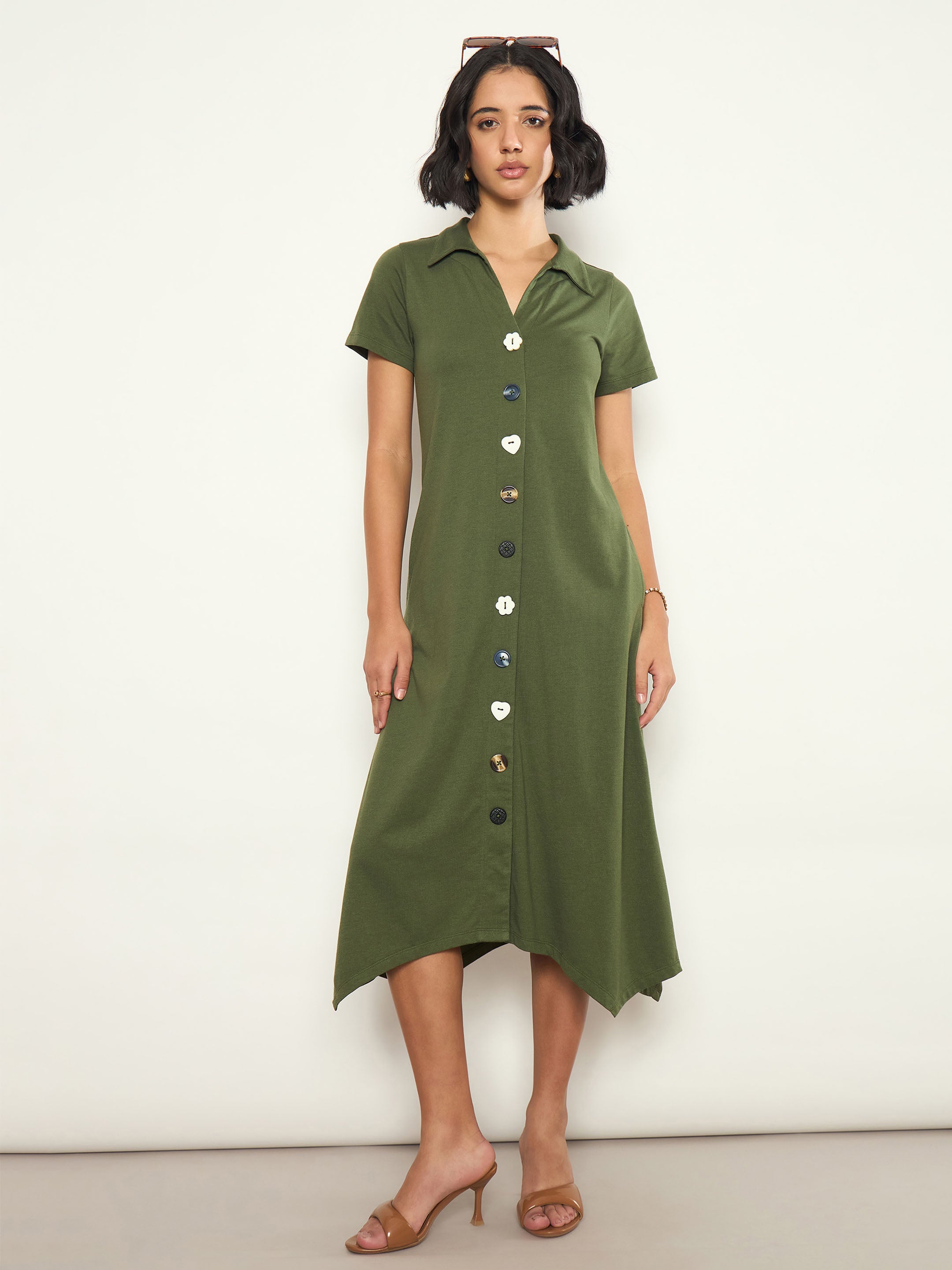 Olive Multi Design Button Down Midi Dress SASSAFRAS 