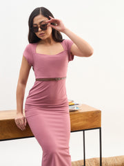 Women Pink Rhombus Neck Belted Bodycon Midi Dress