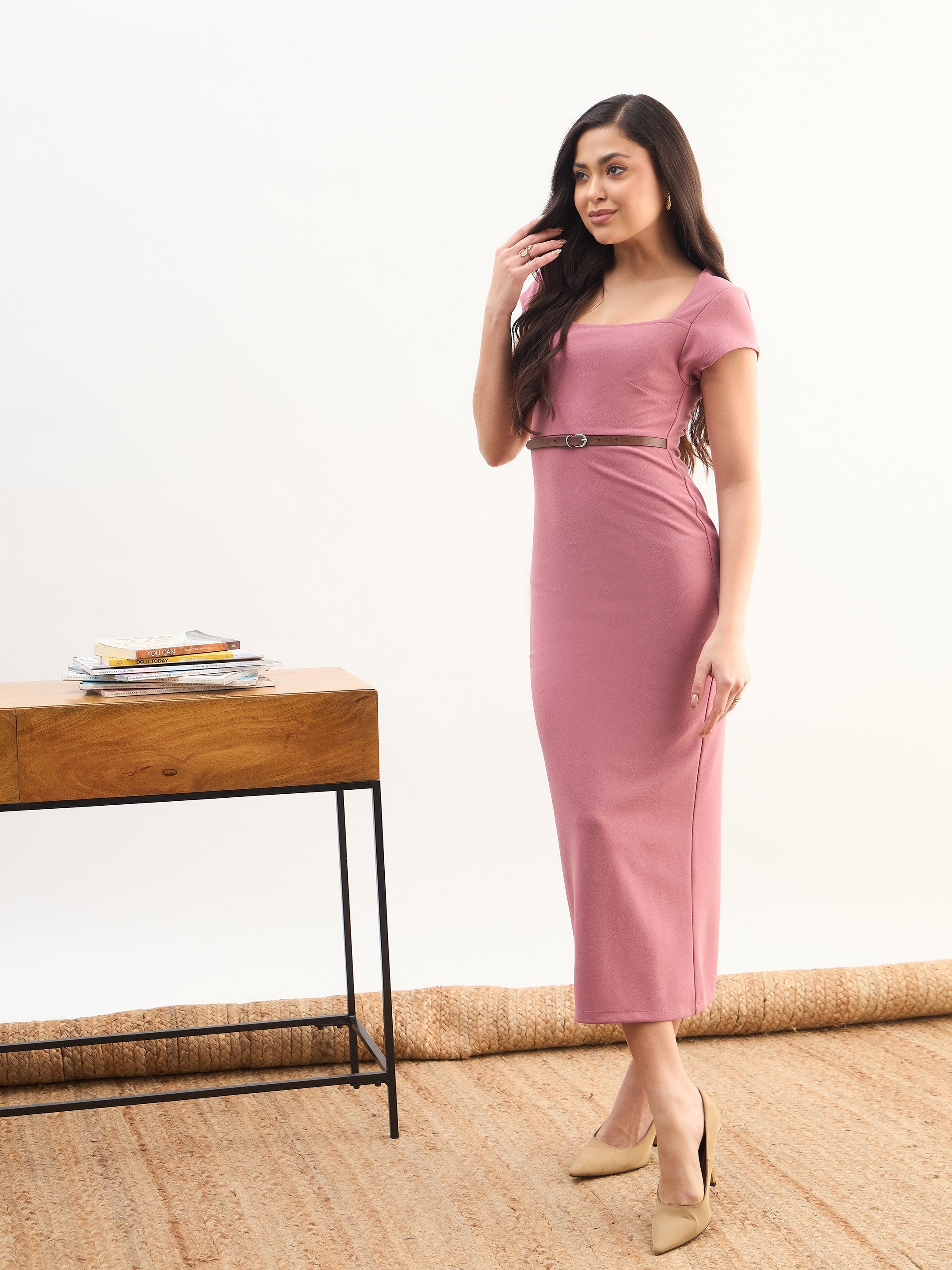 Women Pink Rhombus Neck Belted Bodycon Midi Dress