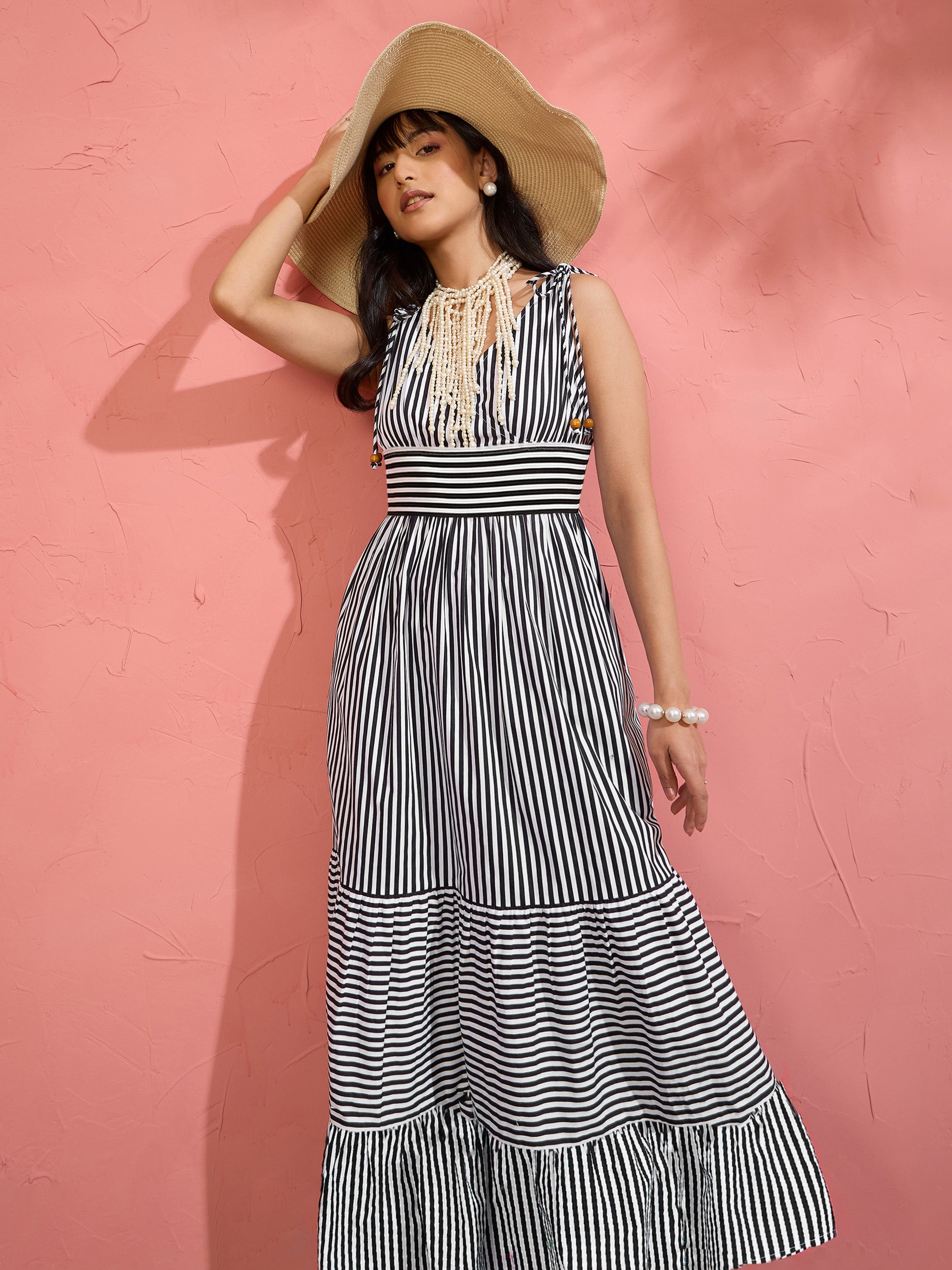 Women Black & White Stripe Strappy Flared Hem Maxi Dress