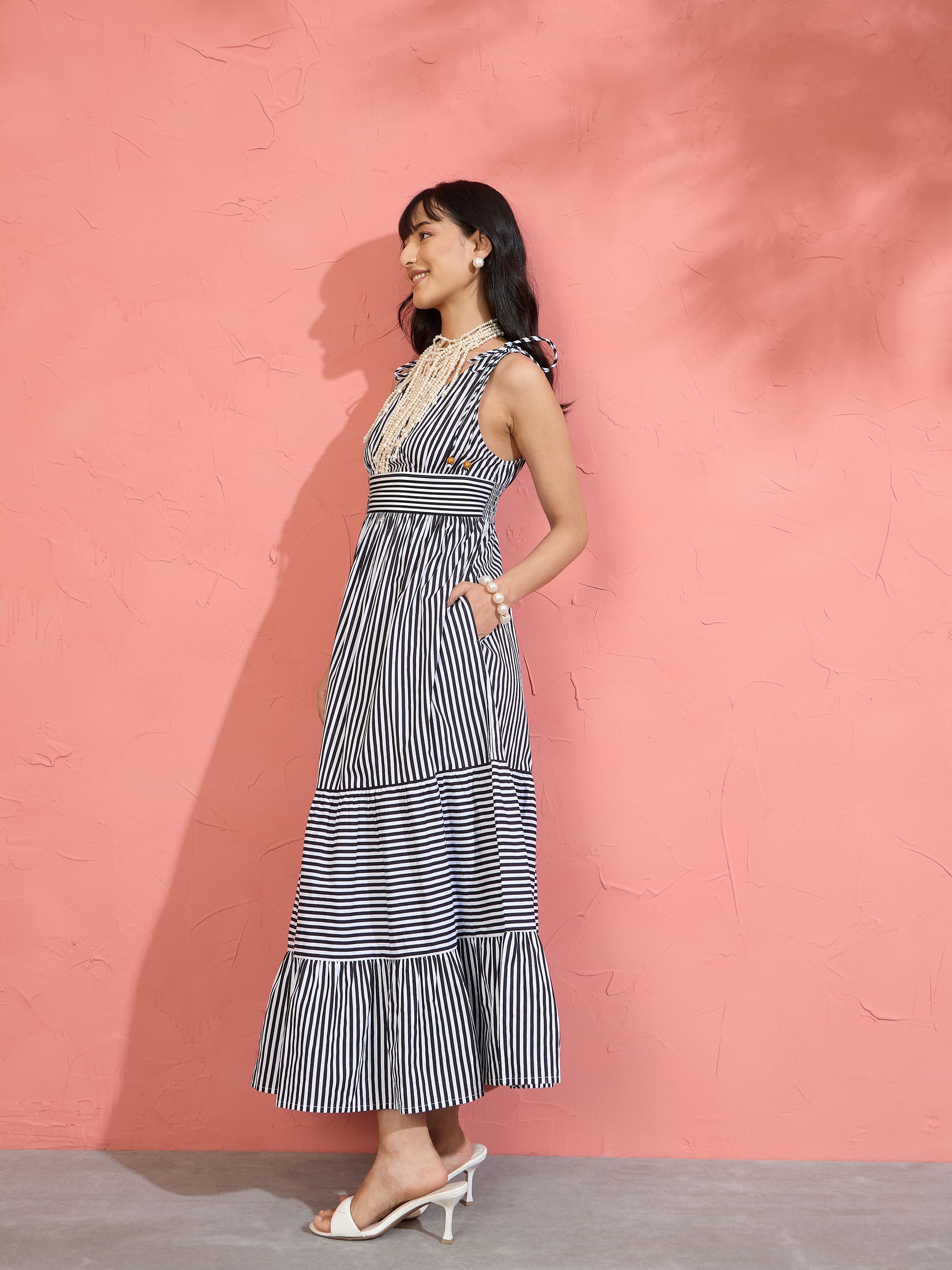 Women Black & White Stripe Strappy Flared Hem Maxi Dress